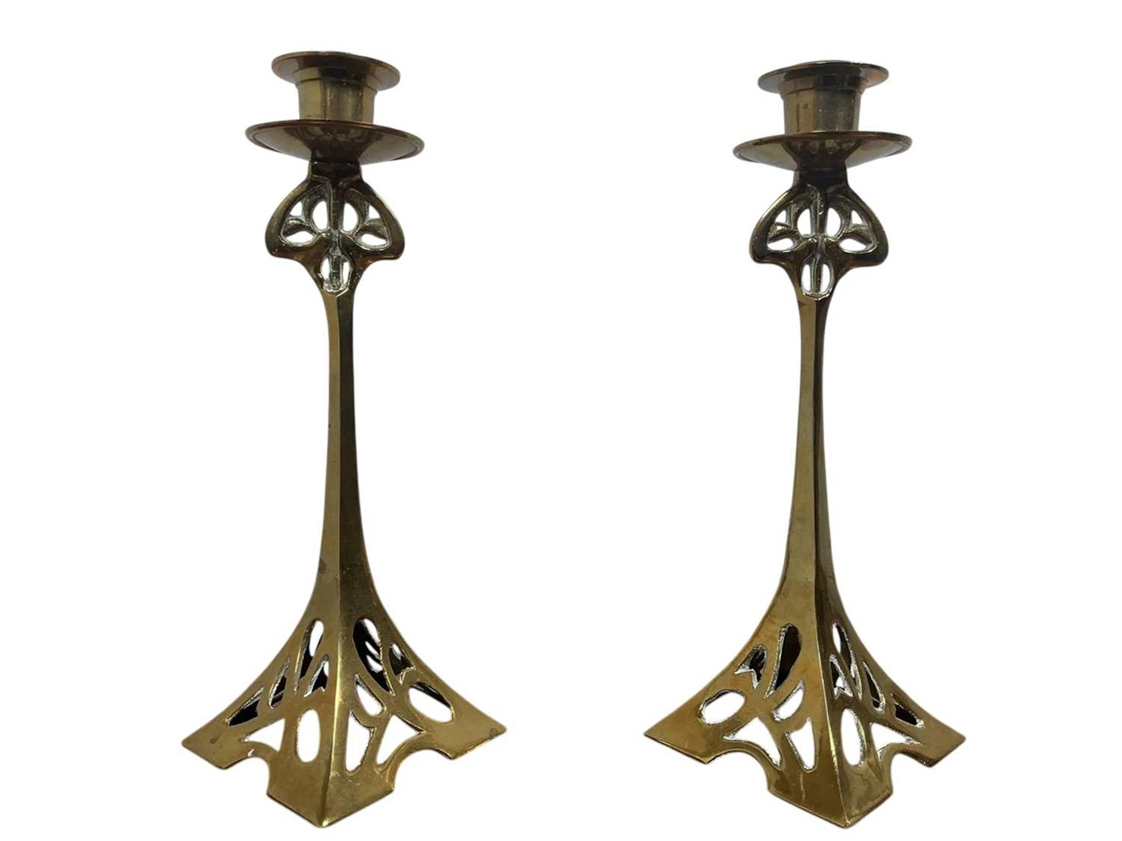 PAIR OF ART NOUVEAU BRASS CANDLESTICKS LATE 19TH/EARLY 20TH CENTURY