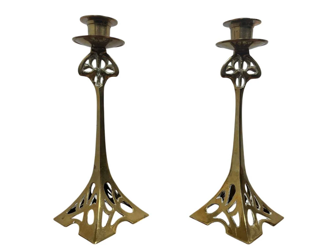 PAIR OF ART NOUVEAU BRASS CANDLESTICKS LATE 19TH/EARLY 20TH CENTURY