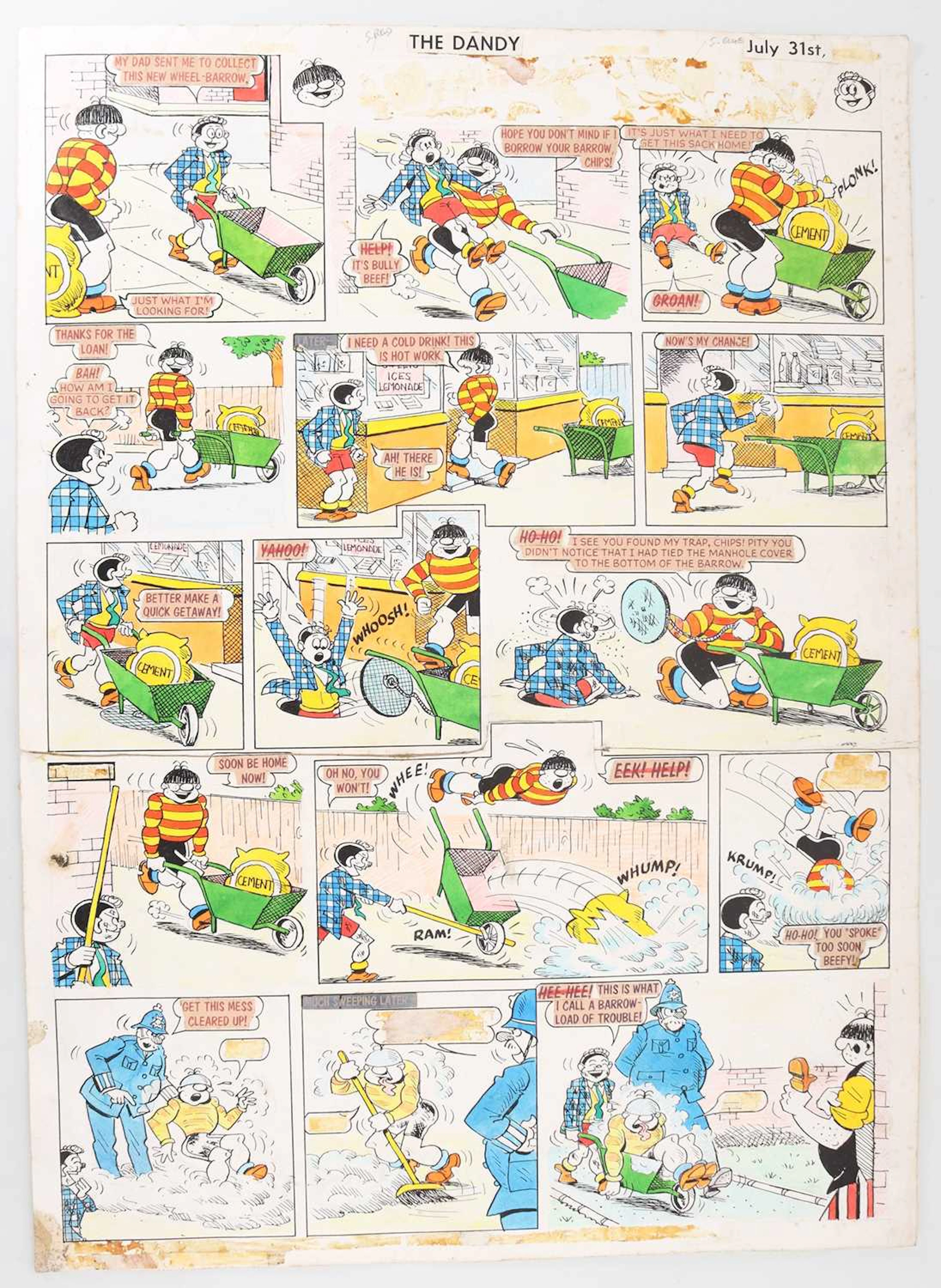 THE DANDY, TWO ORIGINAL COLOUR COMIC ART PAGES 1971