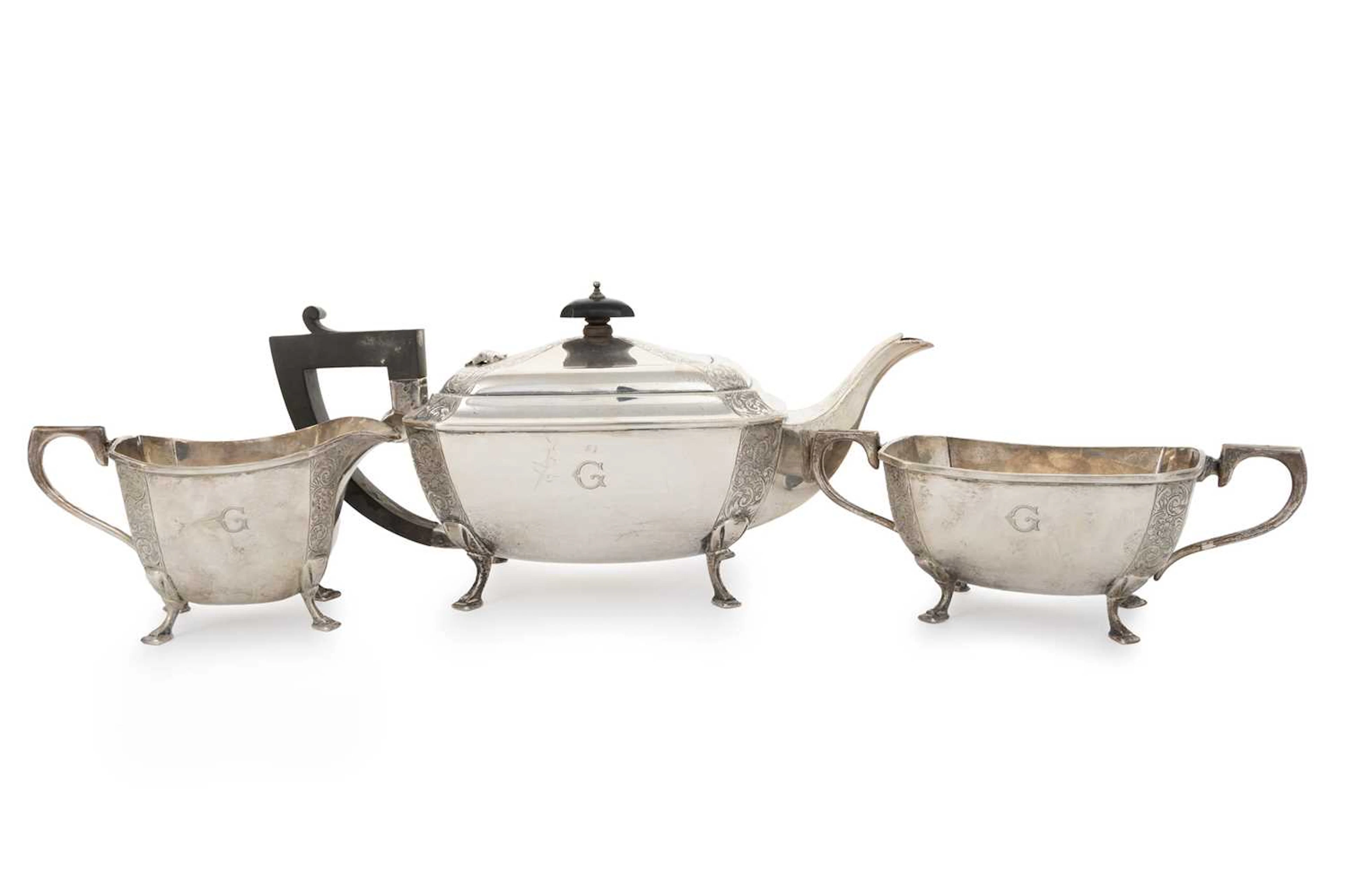ART DECO SILVER THREE PIECE TEA SERVICE MAKER J.G LTD, BIRMINGHAM 1935