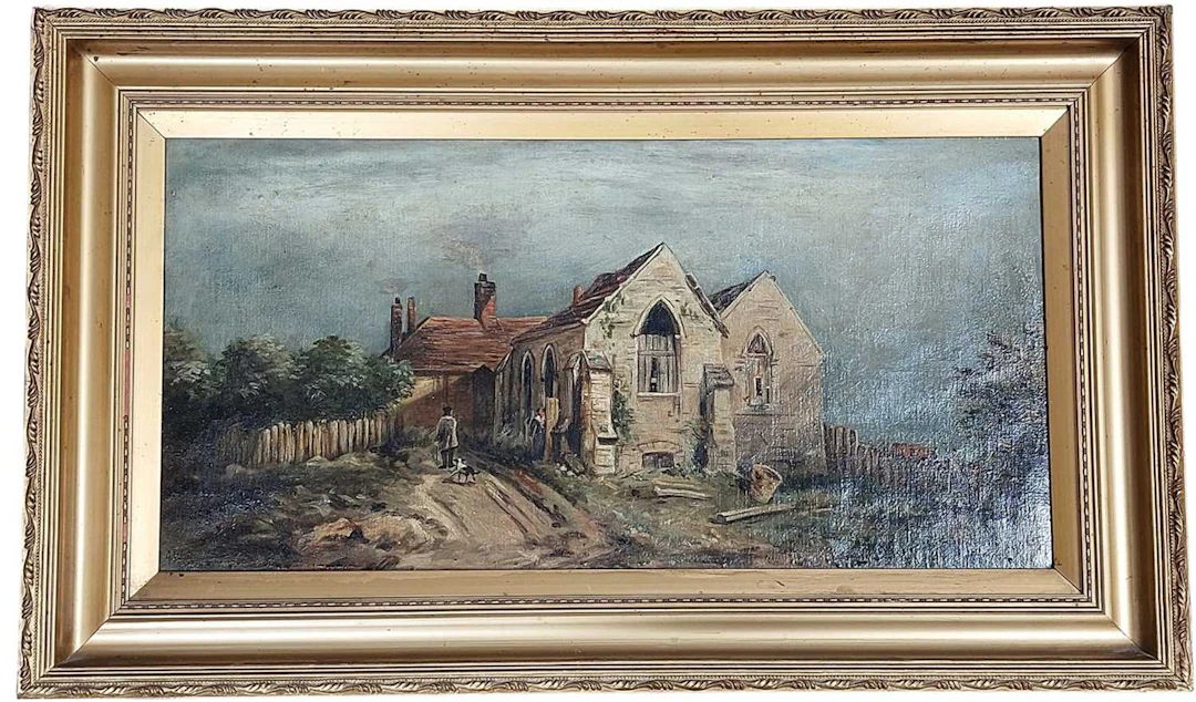 BRITISH SCHOOL, LATE 19TH CENTURY FIGURES BY A CHURCH