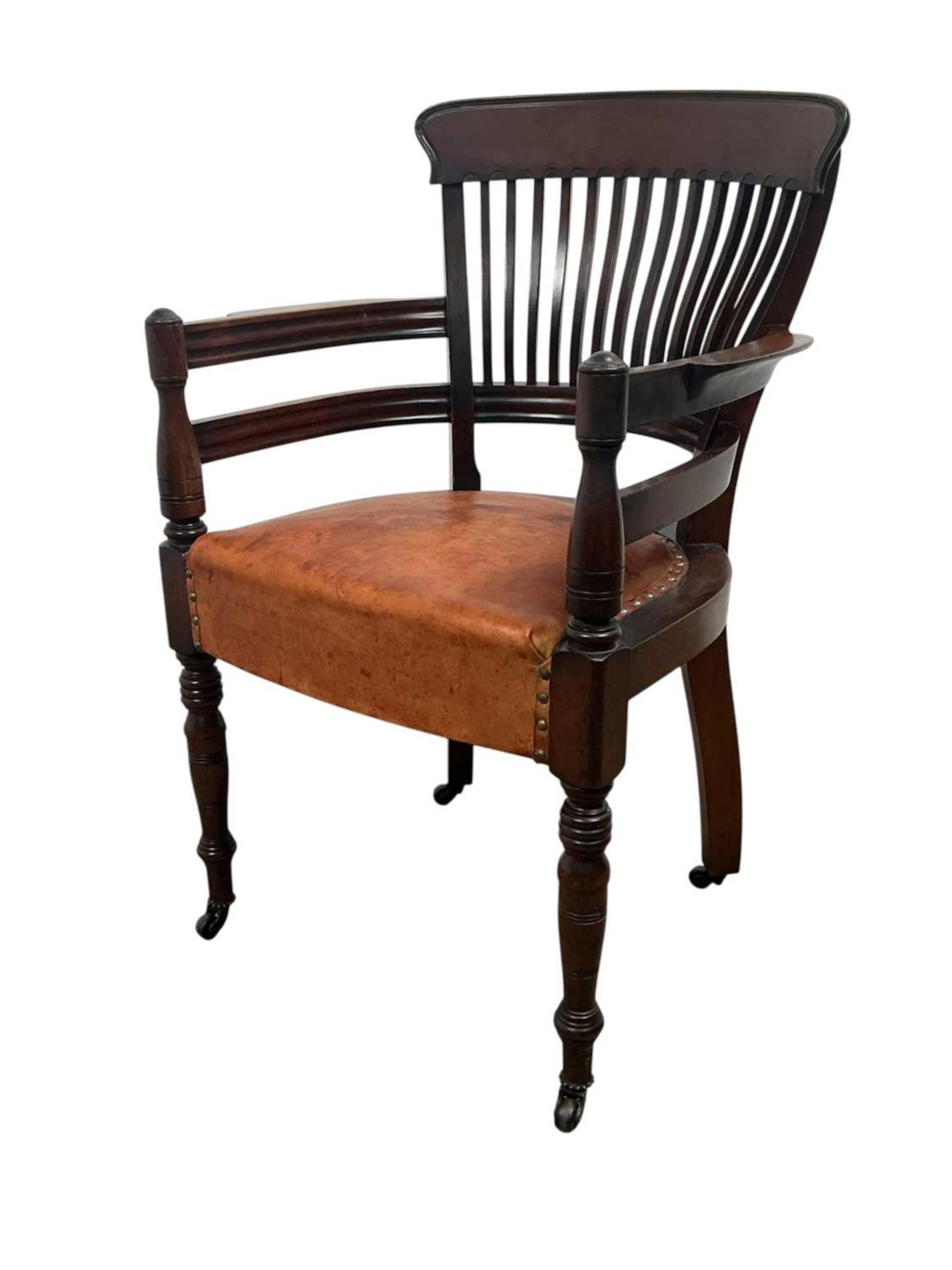 EDWARDIAN MAHOGANY SLAT BACK LIBRARY ARMCHAIR EARLY 20TH CENTURY