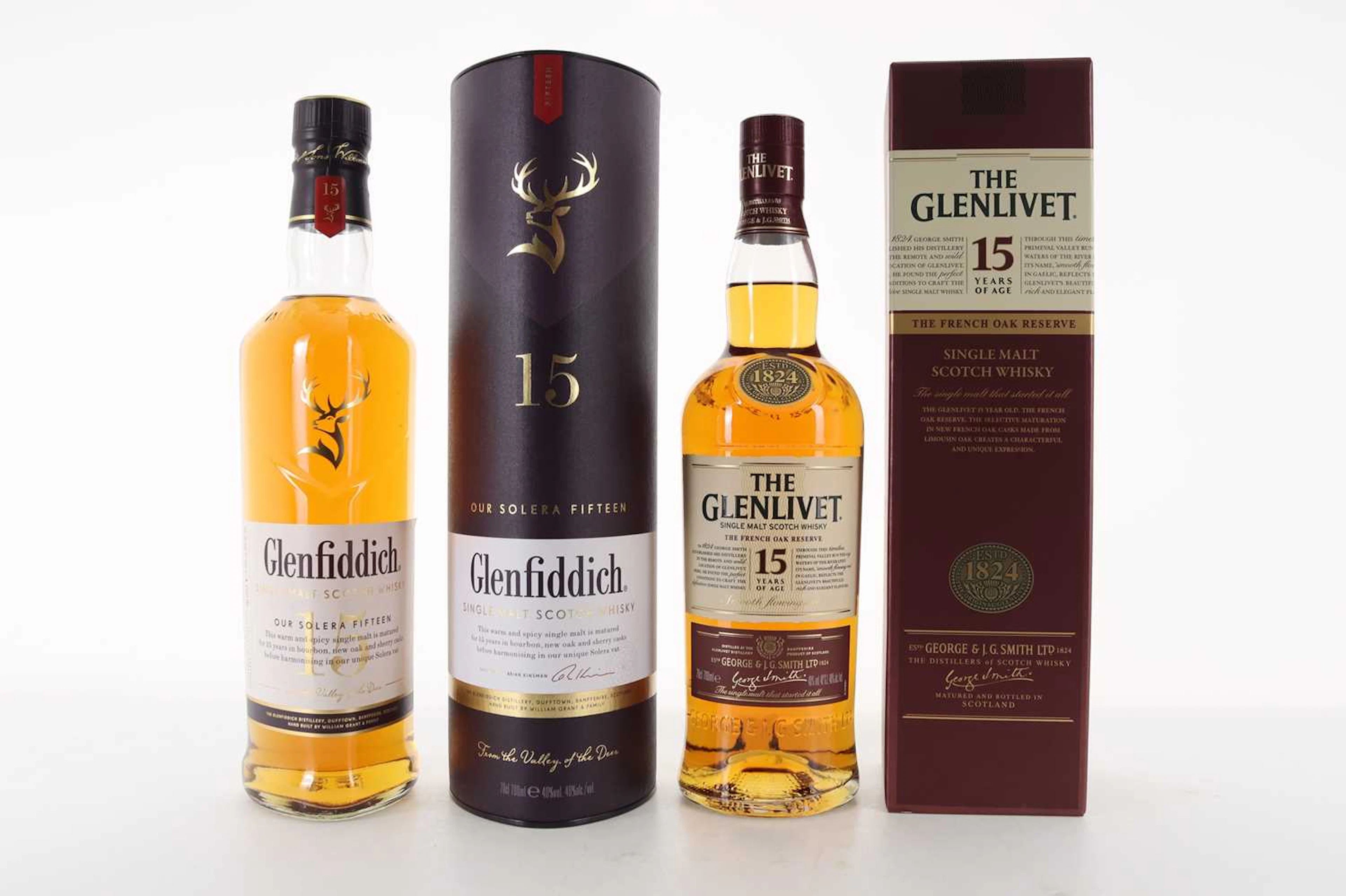 GLENLIVET 15 YEAR OLD FRENCH OAK RESERVE AND GLENFIDDICH 15 YEAR OLD