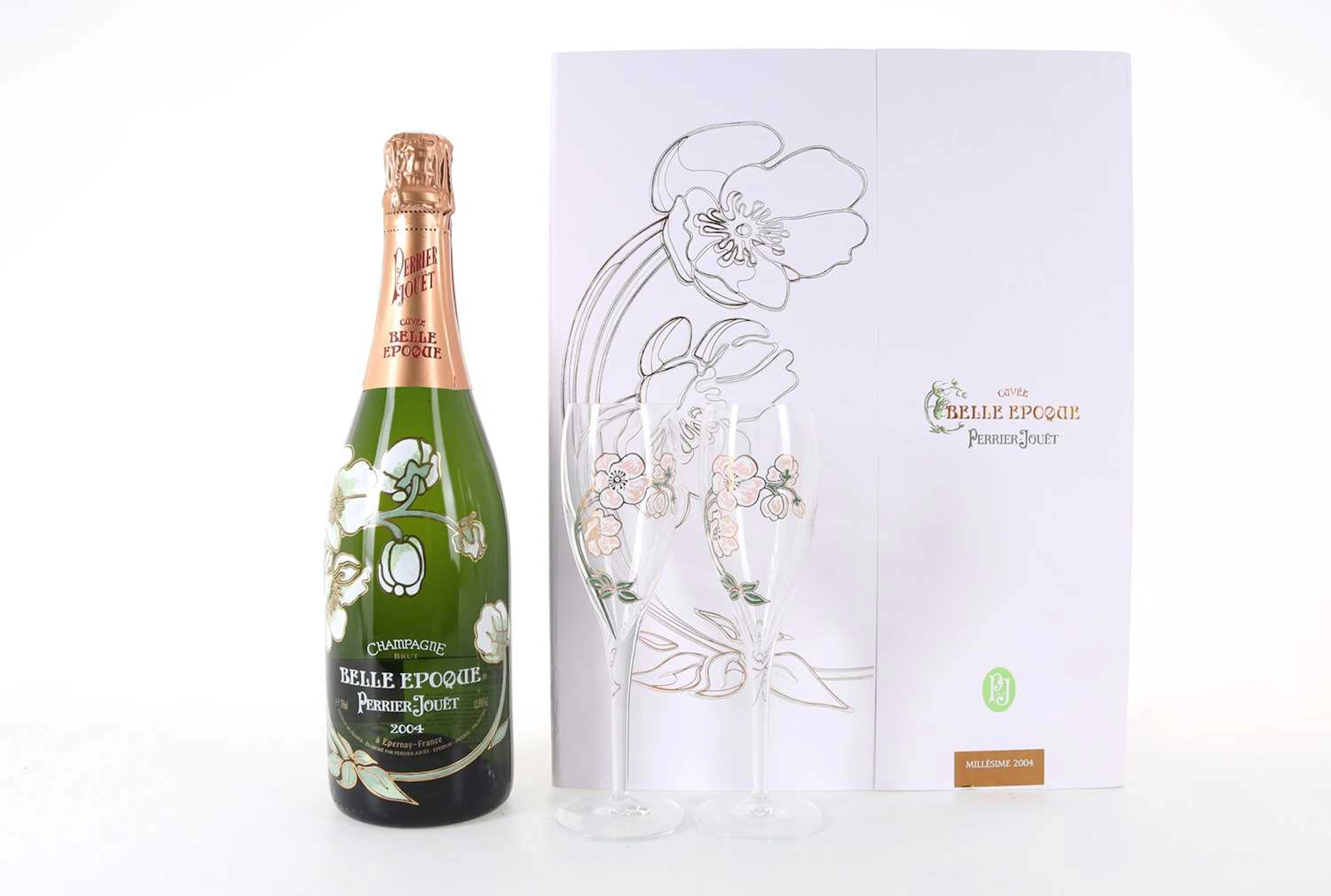 PERRIER JOUET BELLE EPOQUE 2004 VINTAGE GIFT SET WITH GLASSES CHAMPAGNE