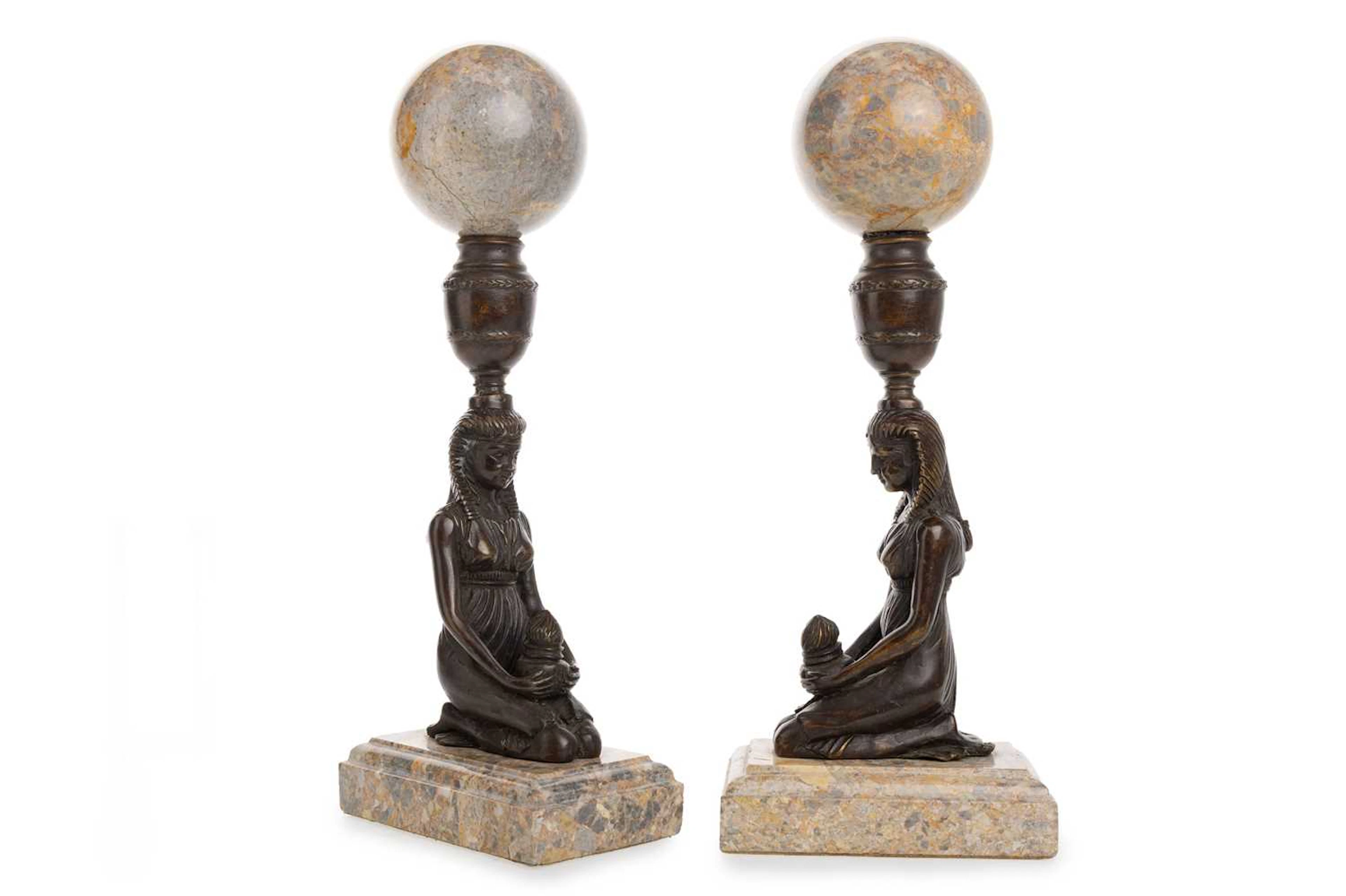 PAIR OF MARBLE AND BRONZED METAL KNEELING EGYPTIAN FIGURES MID 20TH CENTURY