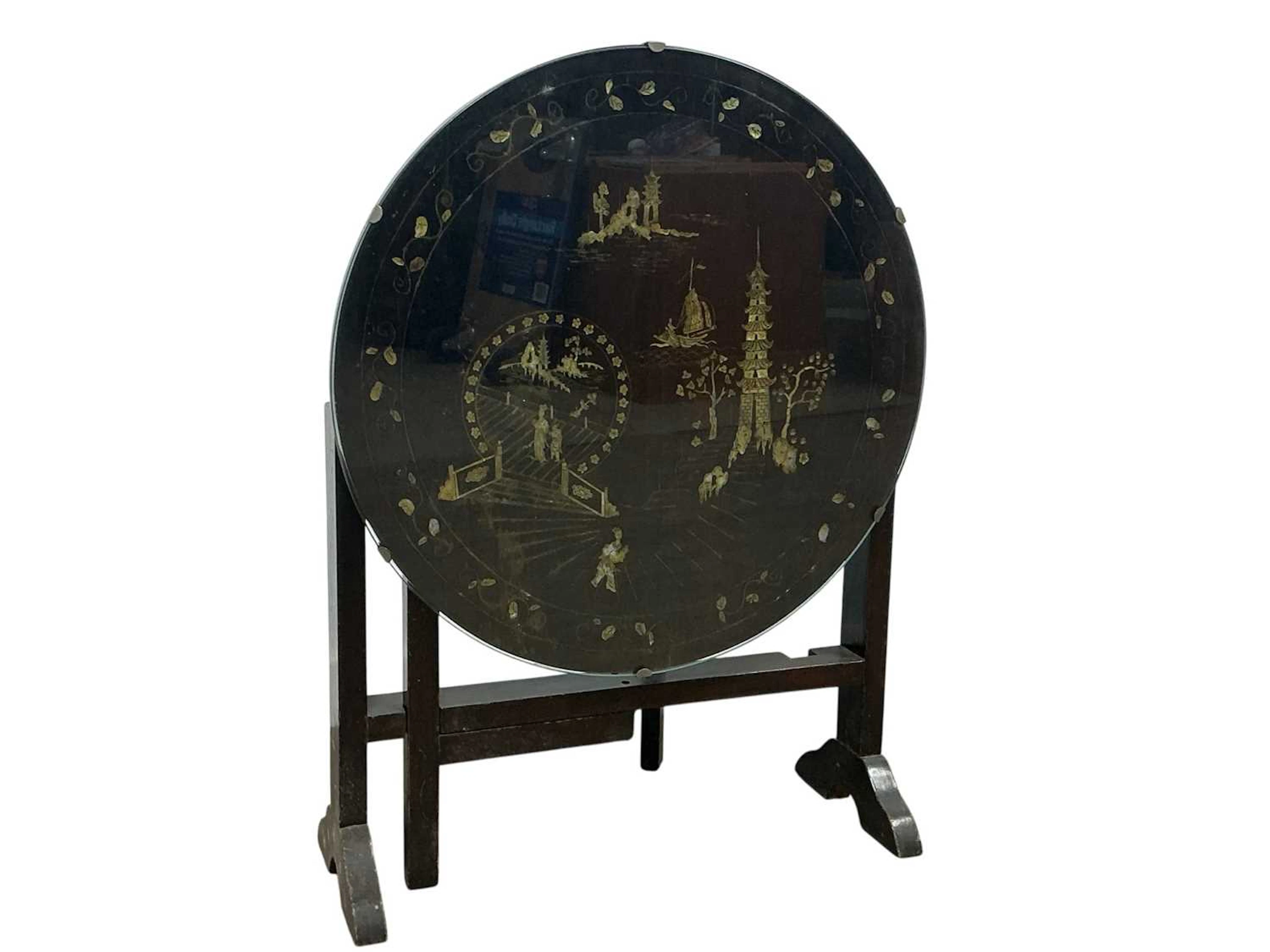 CHINESE EBONISED COFFEE TABLE, MID 20TH CENTURY AND A MATCHING OCCASIONAL TABLE