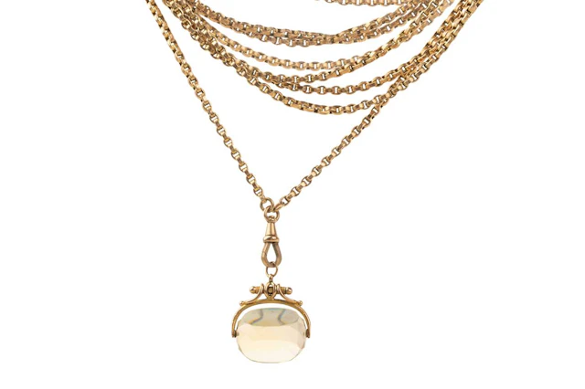 GOLD GUARD CHAIN WITH CITRINE SWIVEL FOB LATE 19TH/EARLY 20TH CENTURY
