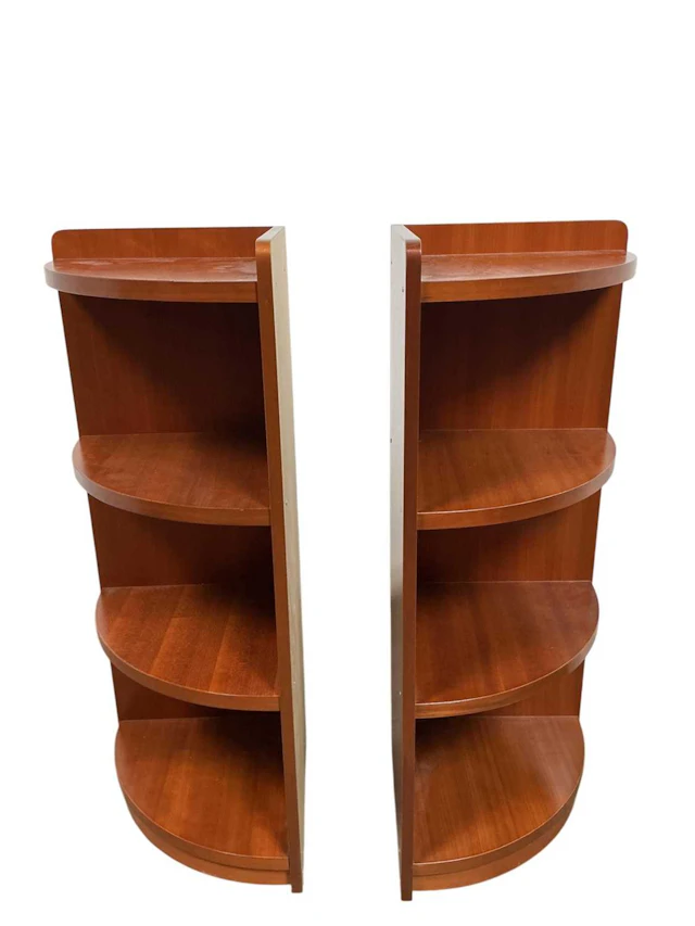PAIR OF TEAK EFFECT CORNER BOOKCASES EARLY 21ST CENTURY