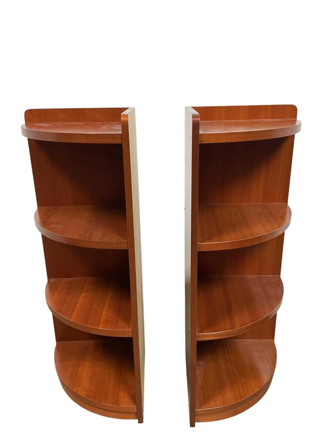 PAIR OF TEAK EFFECT CORNER BOOKCASES EARLY 21ST CENTURY