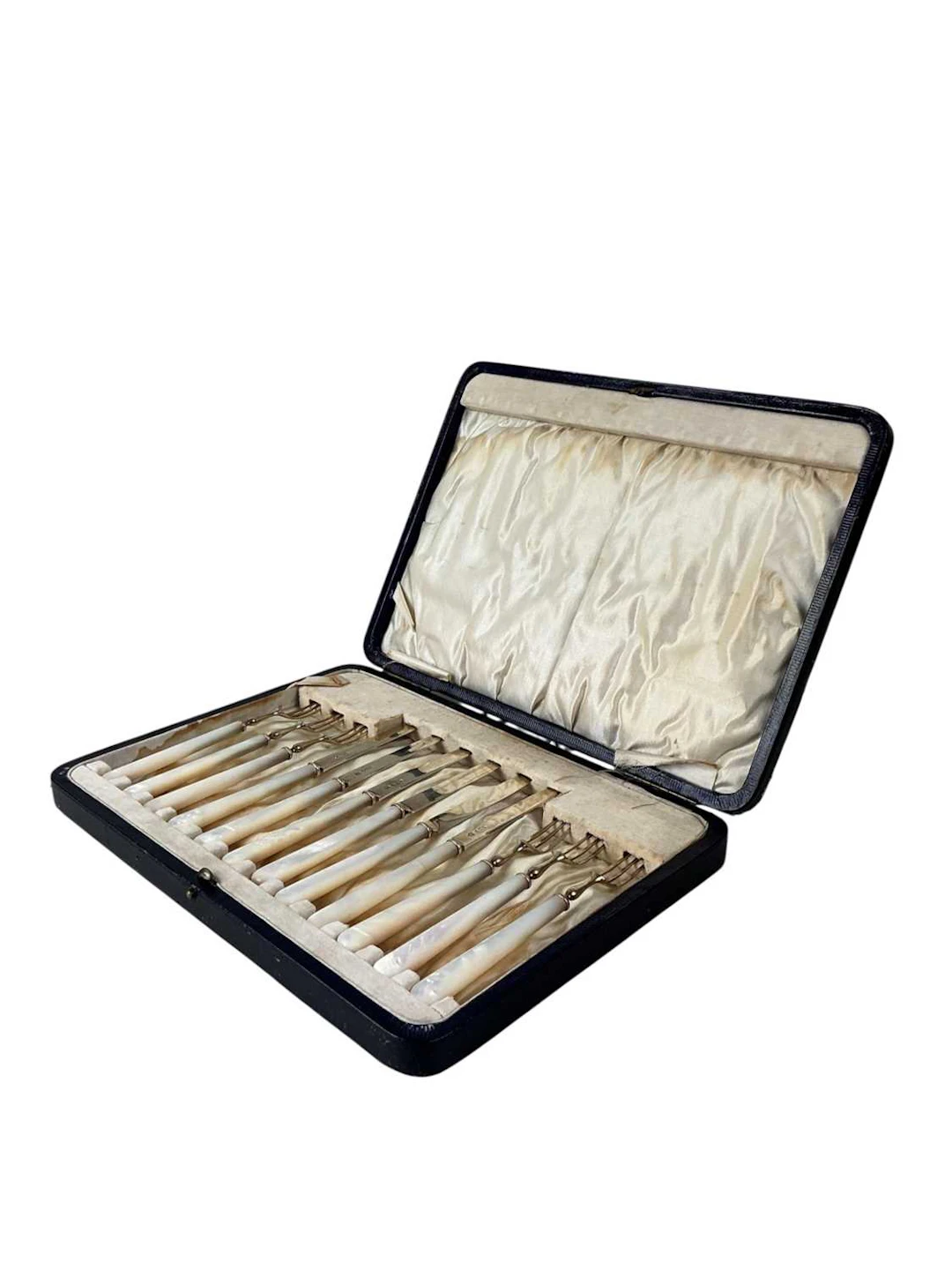 SET OF GEORGE V SILVER BLADED FRUIT KNIVES AND FORKS MAKER WILLIAM