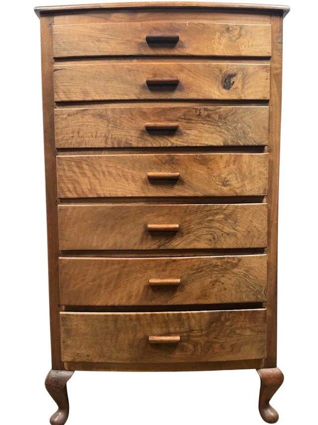 WALNUT BOWFRONTED CHEST OF SEVEN DRAWERS MID 20TH CENTURY