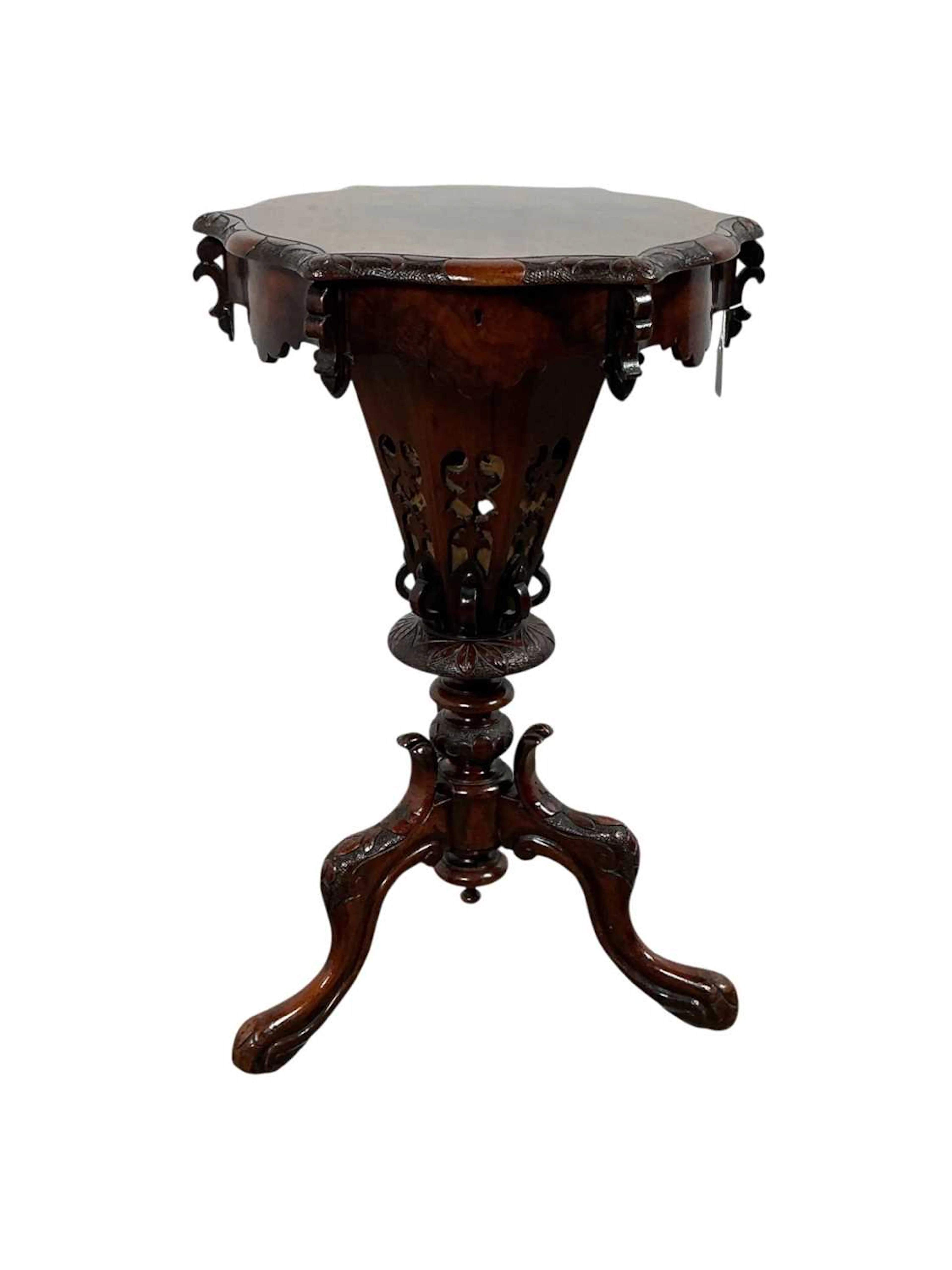 VICTORIAN BURR WALNUT AND MAHOGANY SEWING TABLE MID 19TH CENTURY
