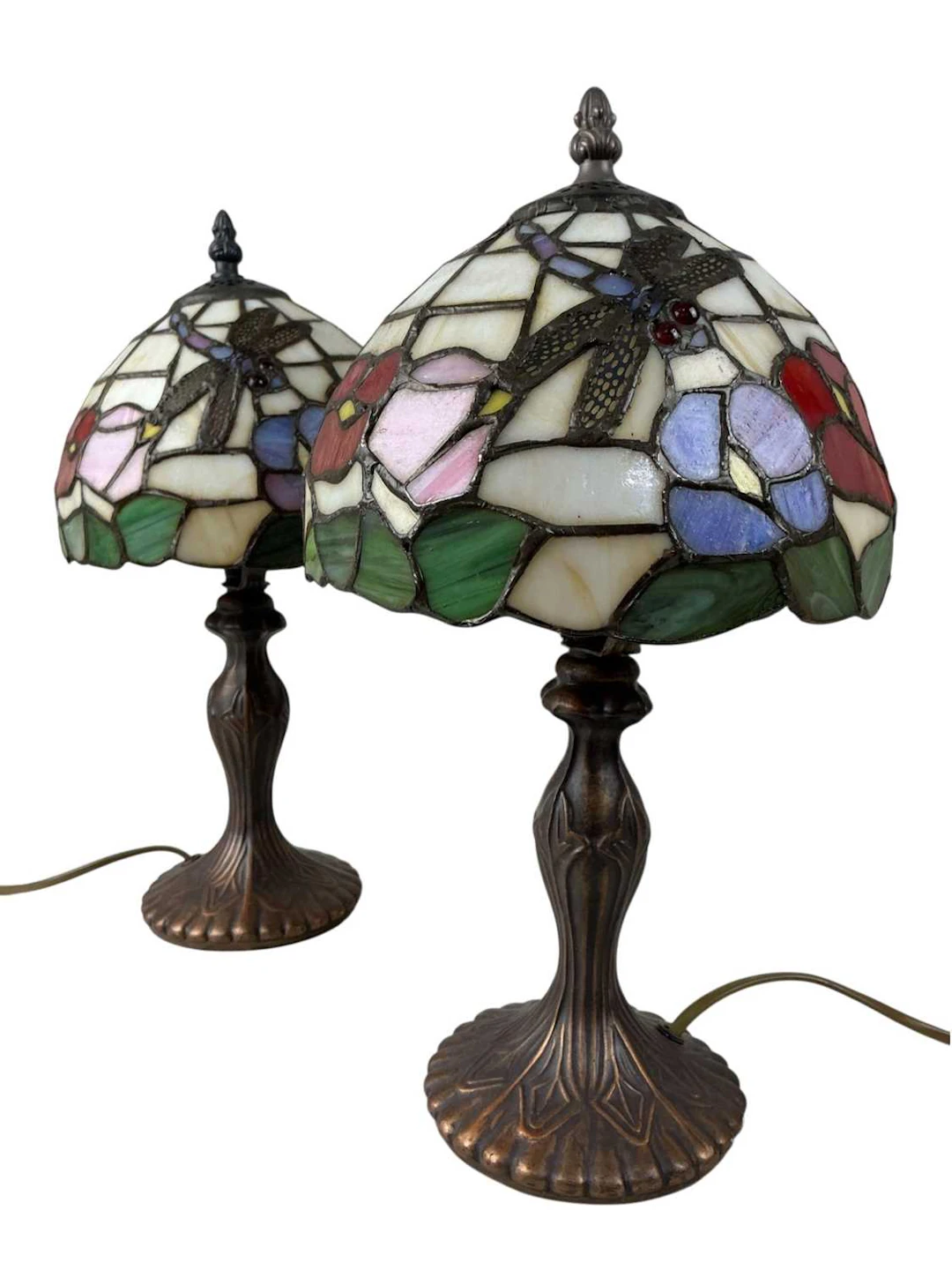 PAIR OF REPRODUCTION TIFFANY STYLE LAMPS, LATE 20TH CENTURY ALONG