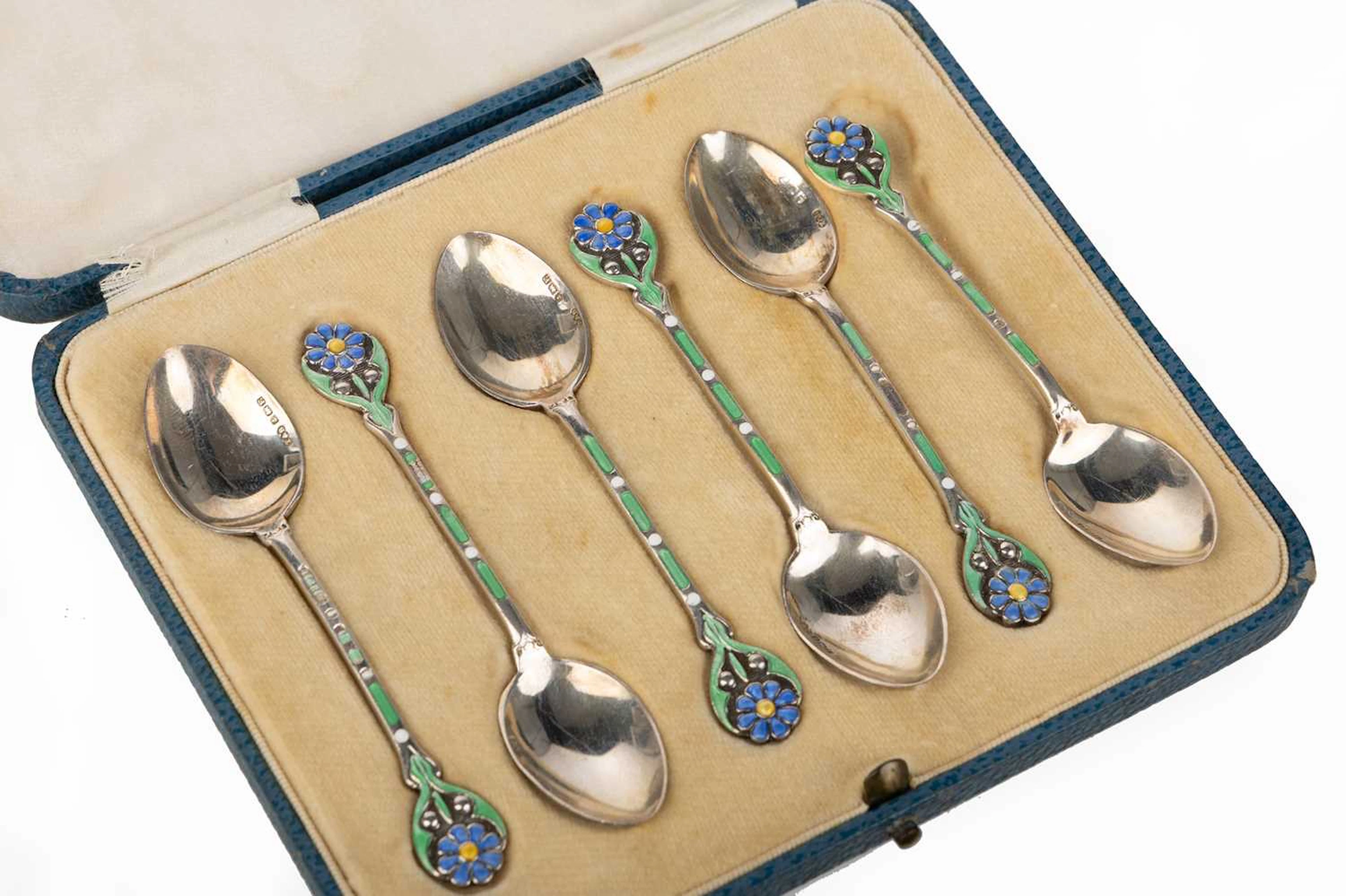 SET OF SIX GEORGE V ART DECO SILVER AND ENAMEL COFFEE SPOONS MAKER