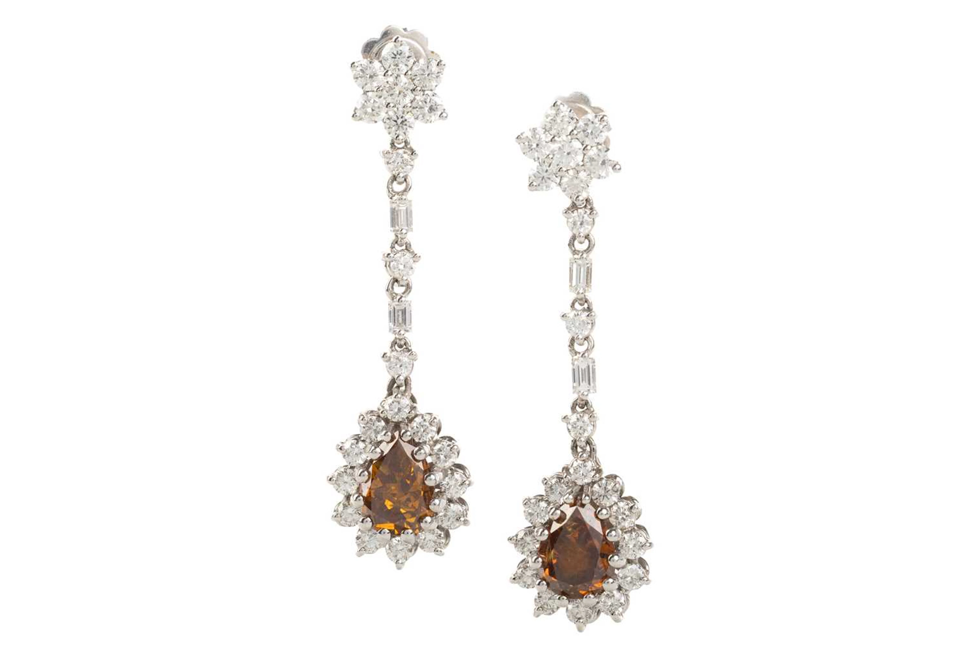 PAIR OF IMPRESSIVE FANCY COLOURED DIAMOND EARRINGS 21ST CENTURY
