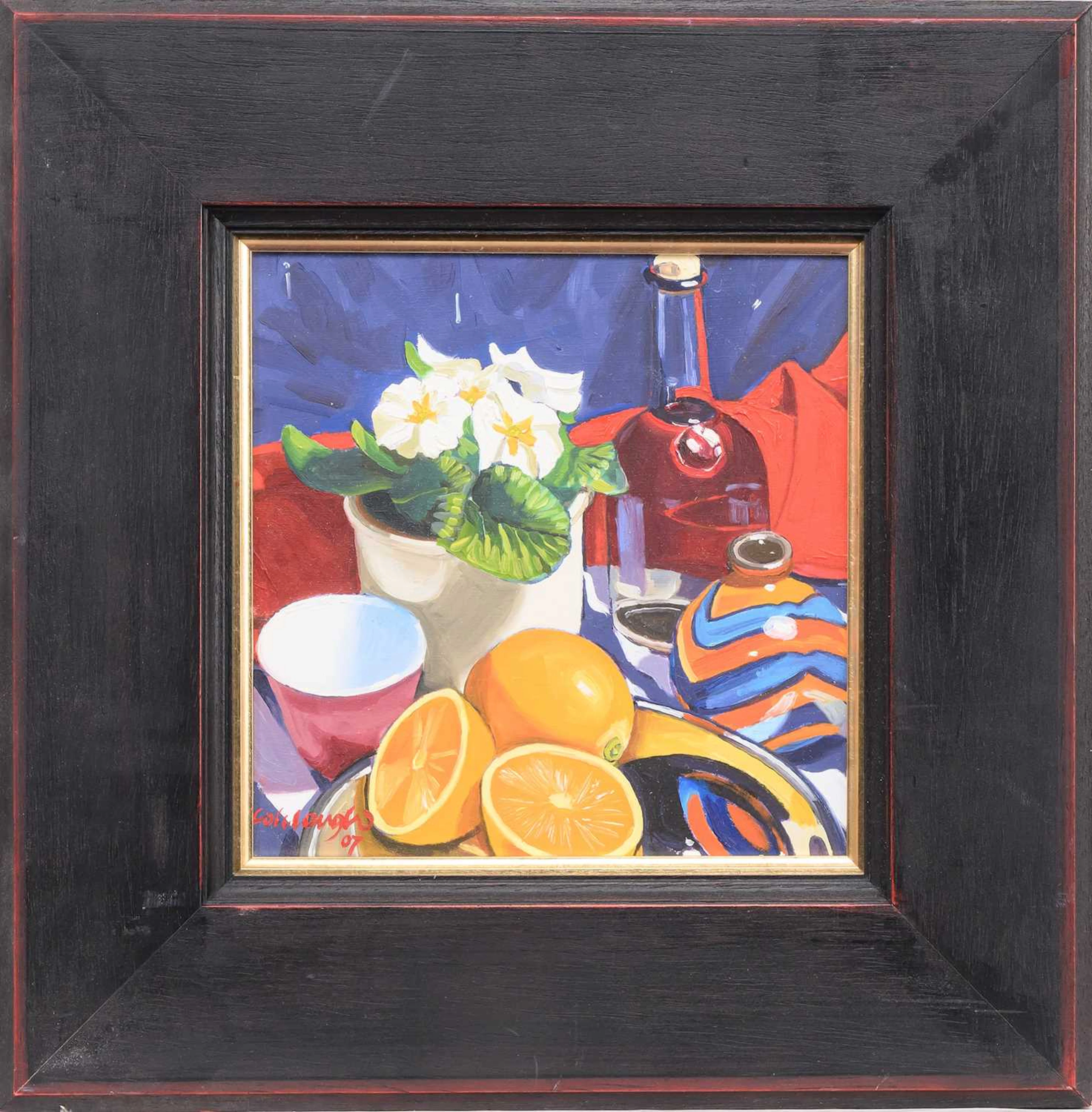 * FRANK COLCLOUGH (SCOTTISH 1941 - 2023) PRIMULA & ANTIQUE BOTTLE