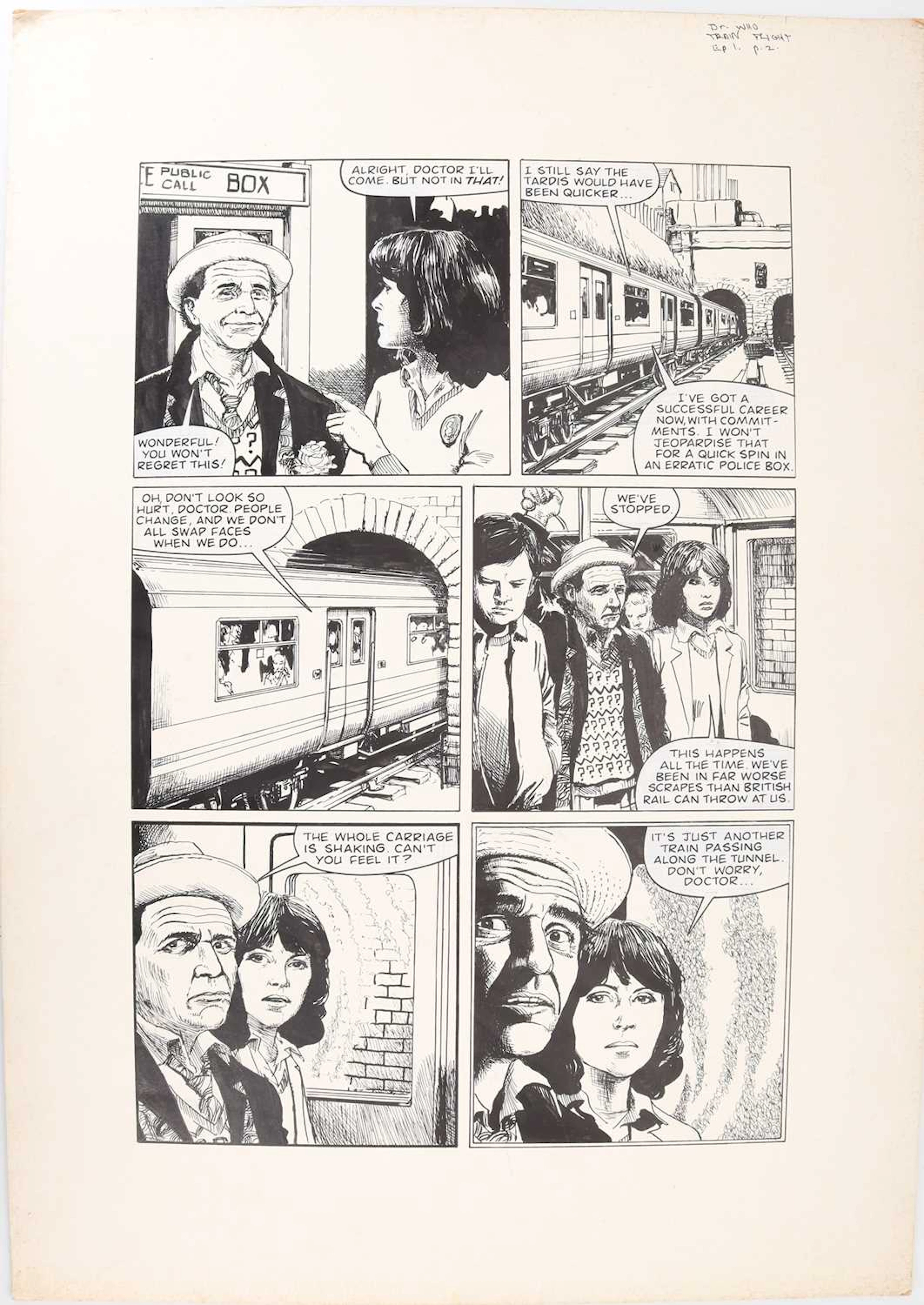 DOCTOR WHO-JOHN RIDGWAY, "TRAIN-FLIGHT", THREE ORIGINAL COMIC ART PAGES 1990