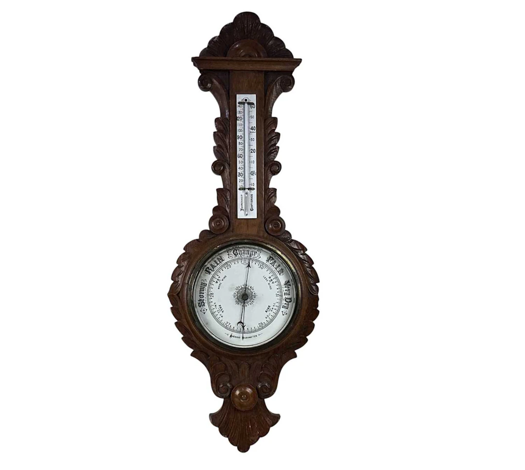 LATE VICTORIAN WHEEL BAROMETER WITH THERMOMETER LATE 19TH CENTURY