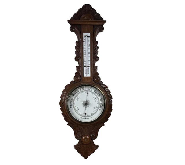 LATE VICTORIAN WHEEL BAROMETER WITH THERMOMETER LATE 19TH CENTURY