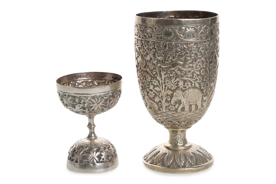 BURMESE SILVER STEMMED GOBLET, LATE 19TH/EARLY 20TH CENTURY ALONG