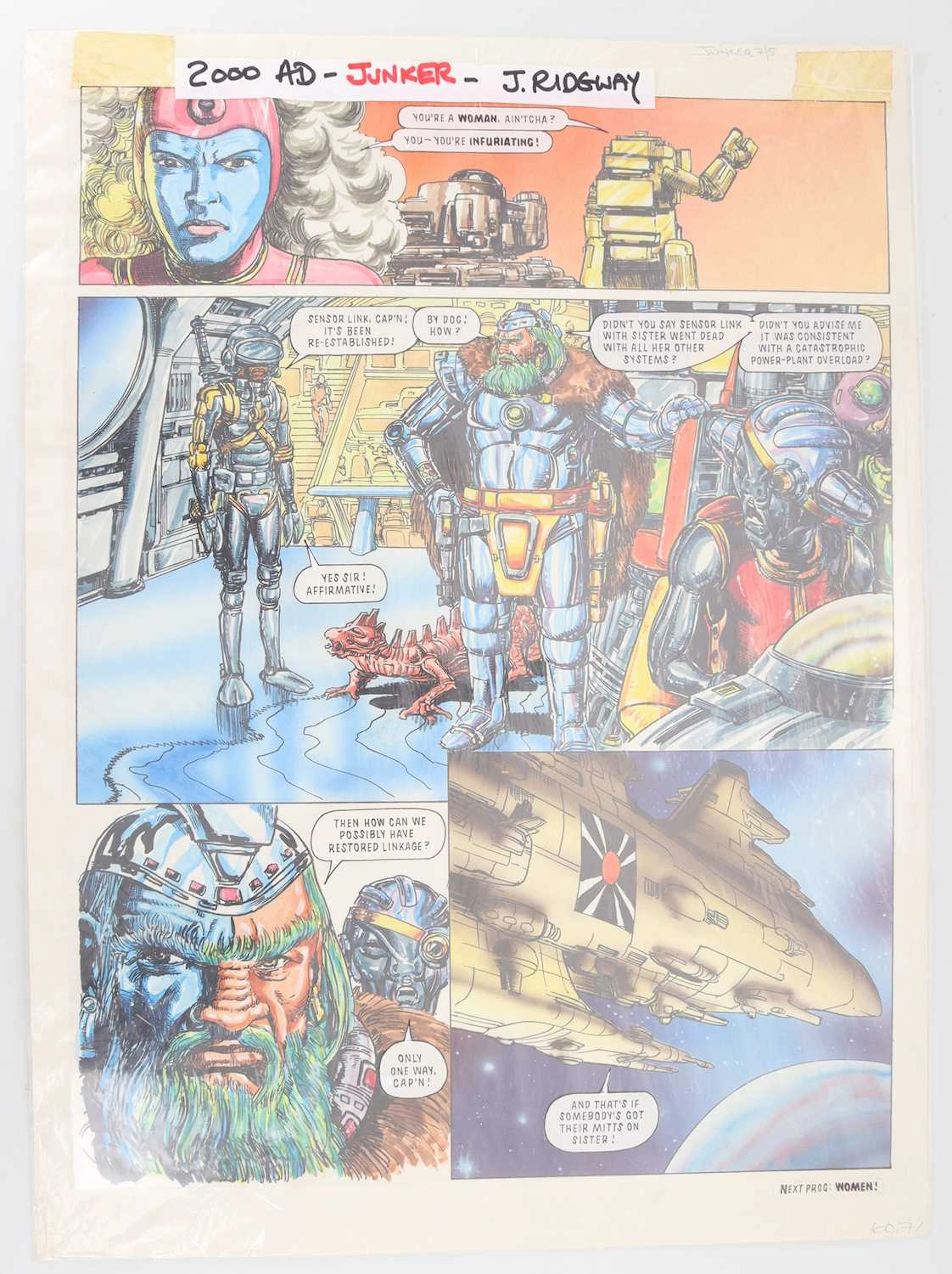 2000 AD, JUNKER, THREE ORIGINAL COLOUR COMIC ART PAGES 1991