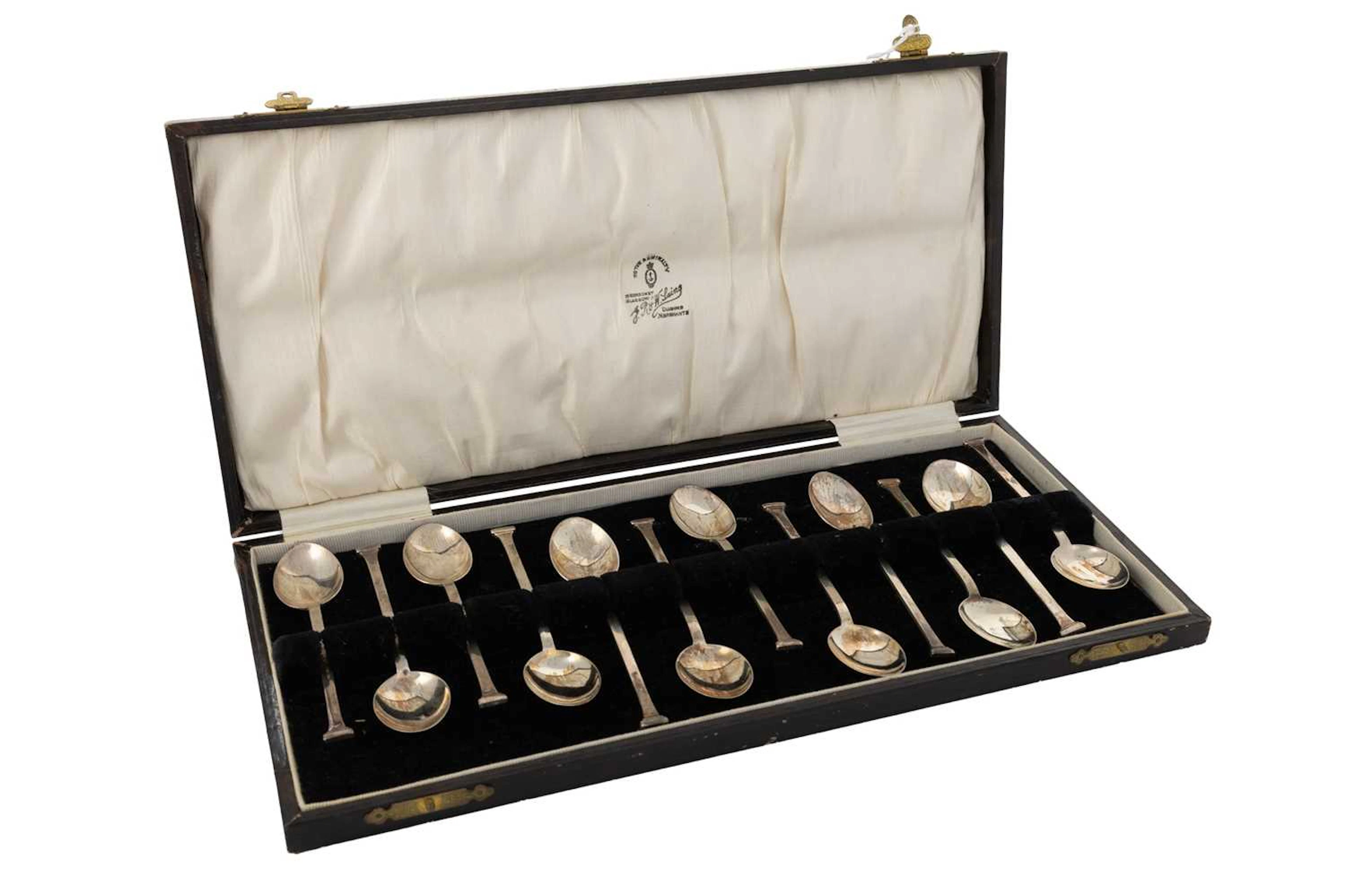 SET OF TWELVE GEORGE V ART DECO SILVER COFFEE SPOONS MAKER W H HASELER