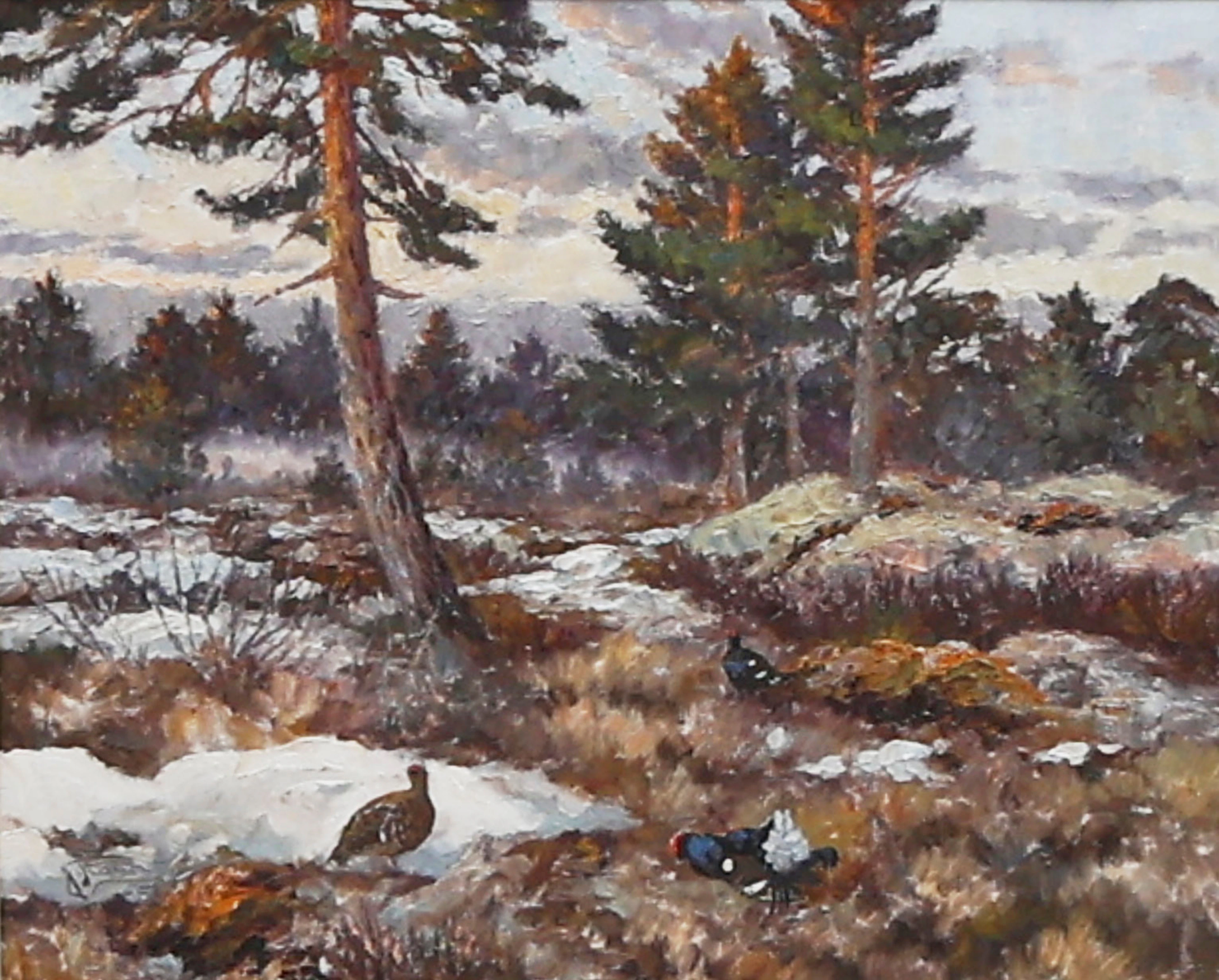 JOHANNES RAVN. Oljemålning, Landskap med tjädrar, signerad, daterad -51, duk.