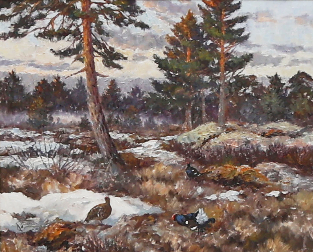 JOHANNES RAVN. Oljemålning, Landskap med tjädrar, signerad, daterad -51, duk.