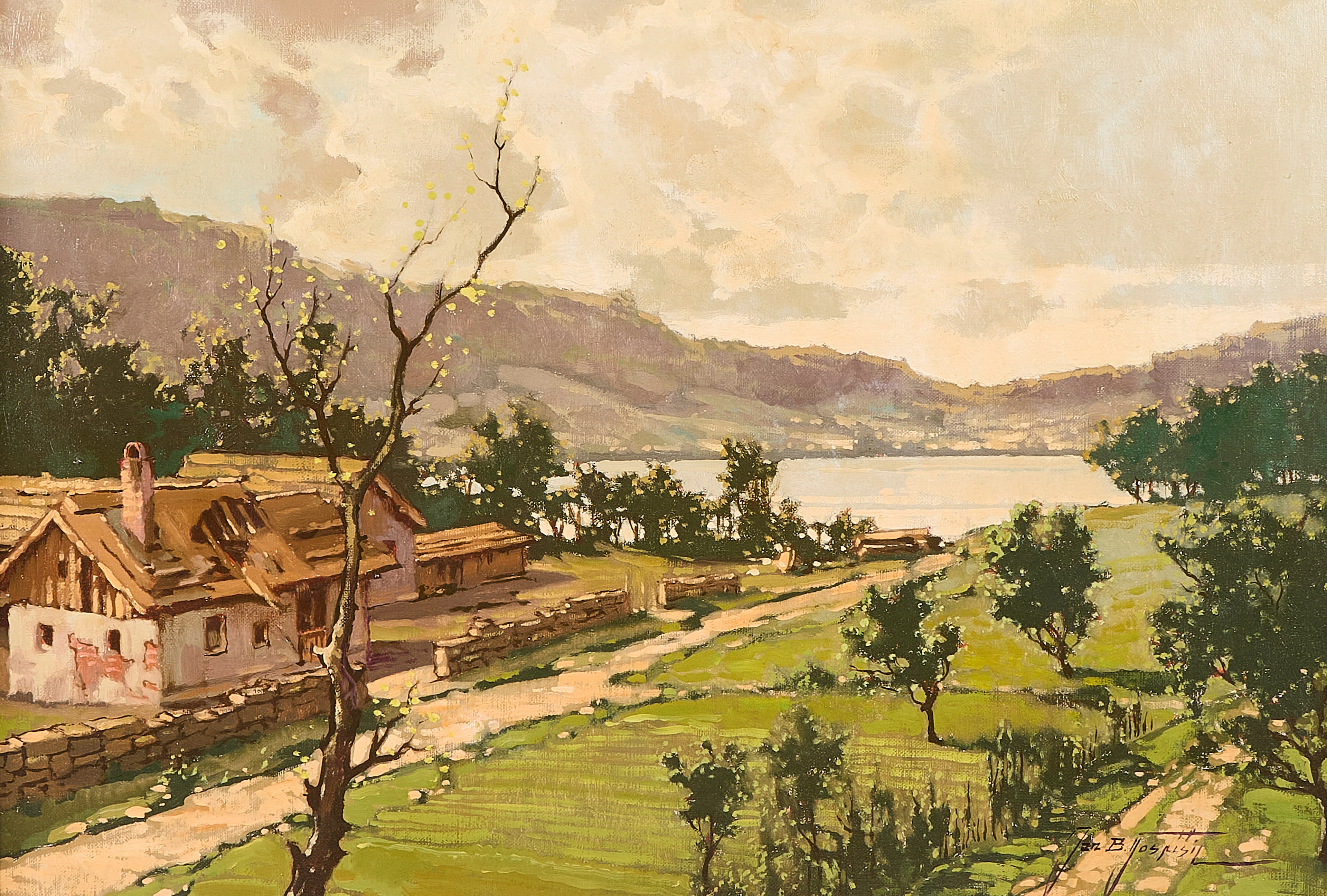 Oljemålning, Signerad Jan B Pospisil. Sydländskt landskap.