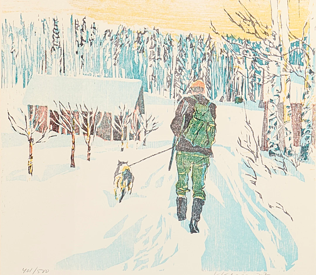 LARS LERIN. Färglitografi, Jägare med hund.