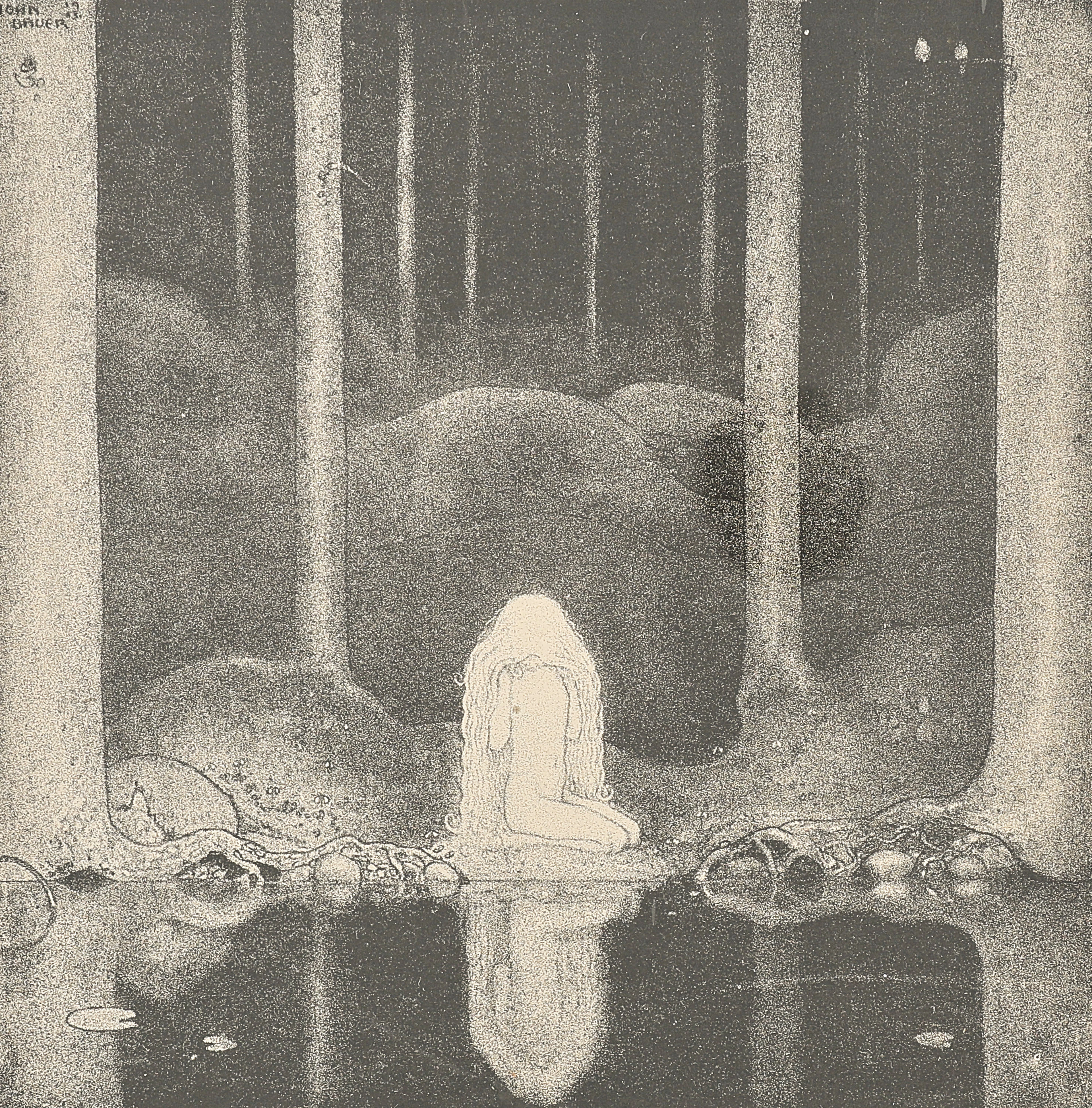 JOHN BAUER. Mezzotypi, "Tuvstarr vid tjärnet", Tryckt signatur.