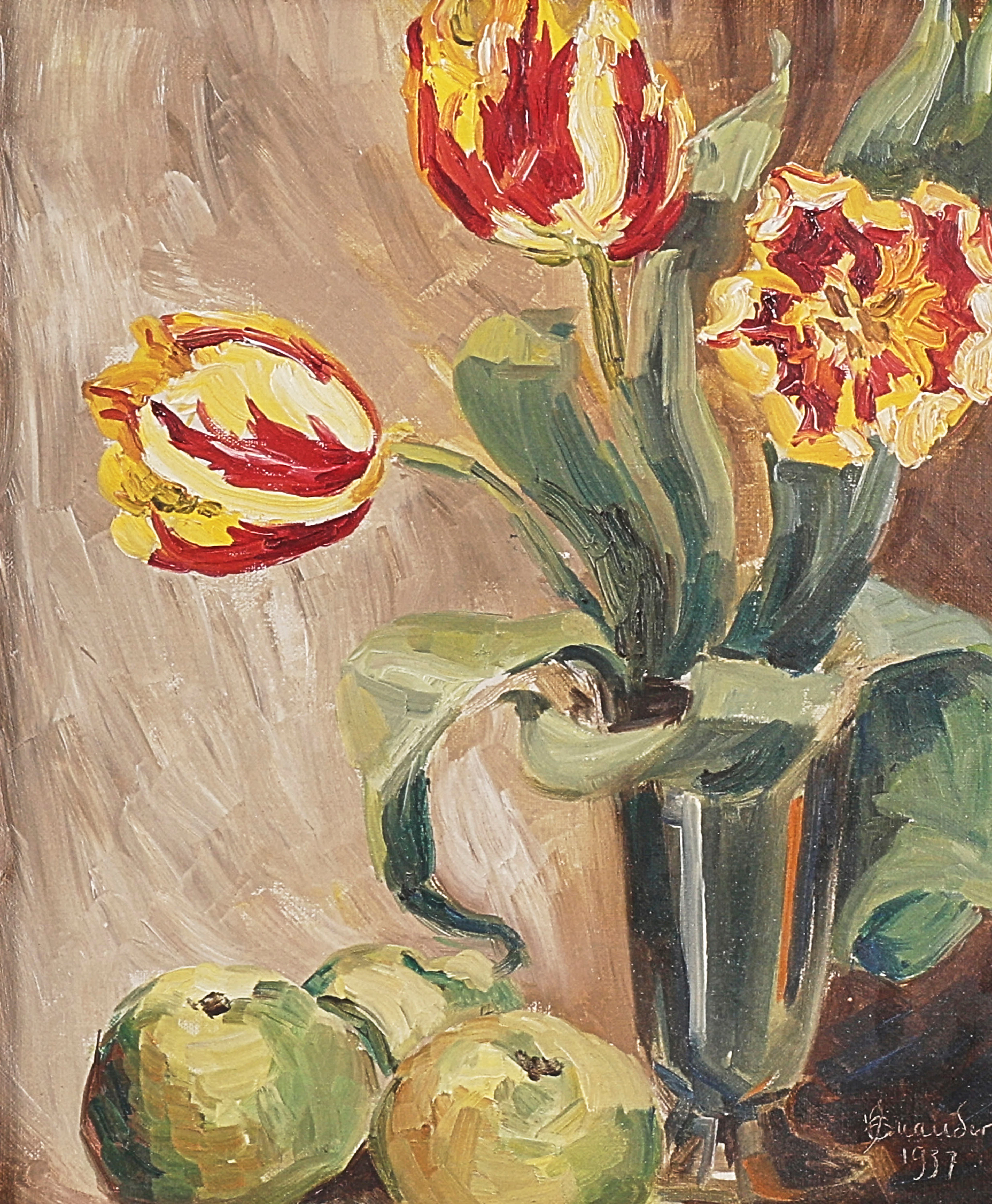 INGA EVANDER. Oljemålning, Signerad 1937, Tulpaner.