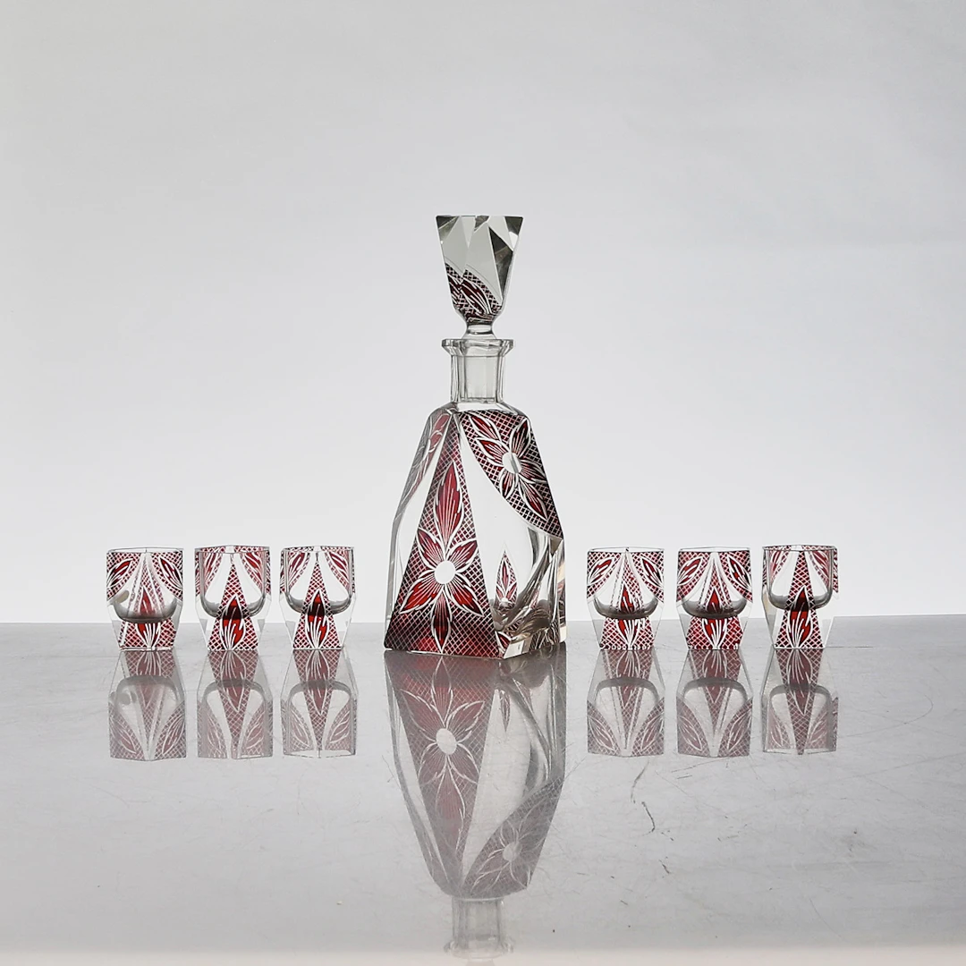LIKÖRSET, 7 DEL, Karaff + 6 glas, Karl Palda, Tjeckoslovakein, ca 1930-tal.