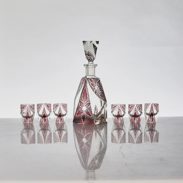 LIKÖRSET, 7 DEL, Karaff + 6 glas, Karl Palda, Tjeckoslovakein, ca 1930-tal.
