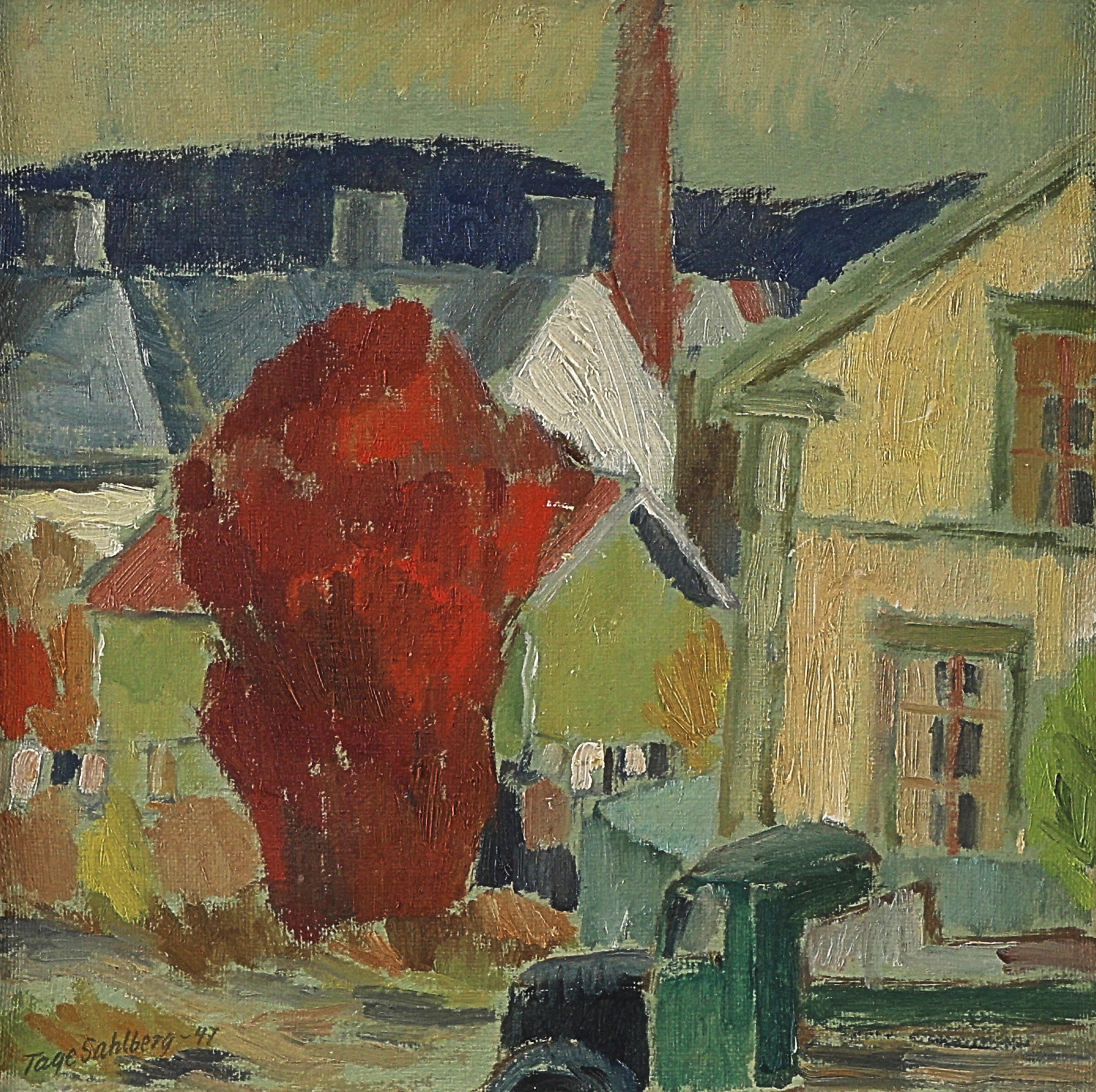TAGE SAHLBERG. Oljemålning, signerad -47, stadsbild.