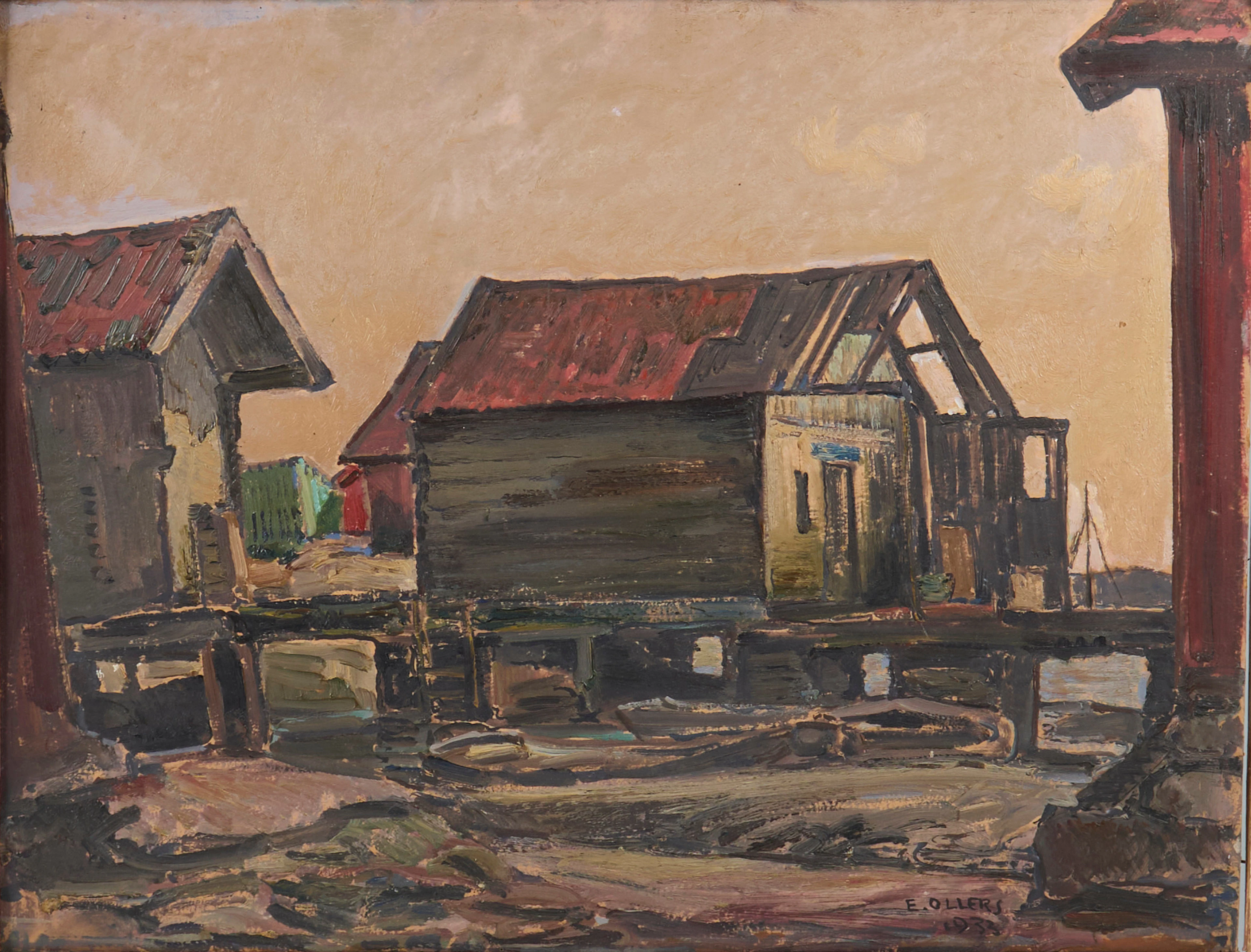 EDVIN OLLERS. Oljemålning, Fiskeläge, Signerad, Daterad 1933, pannå.