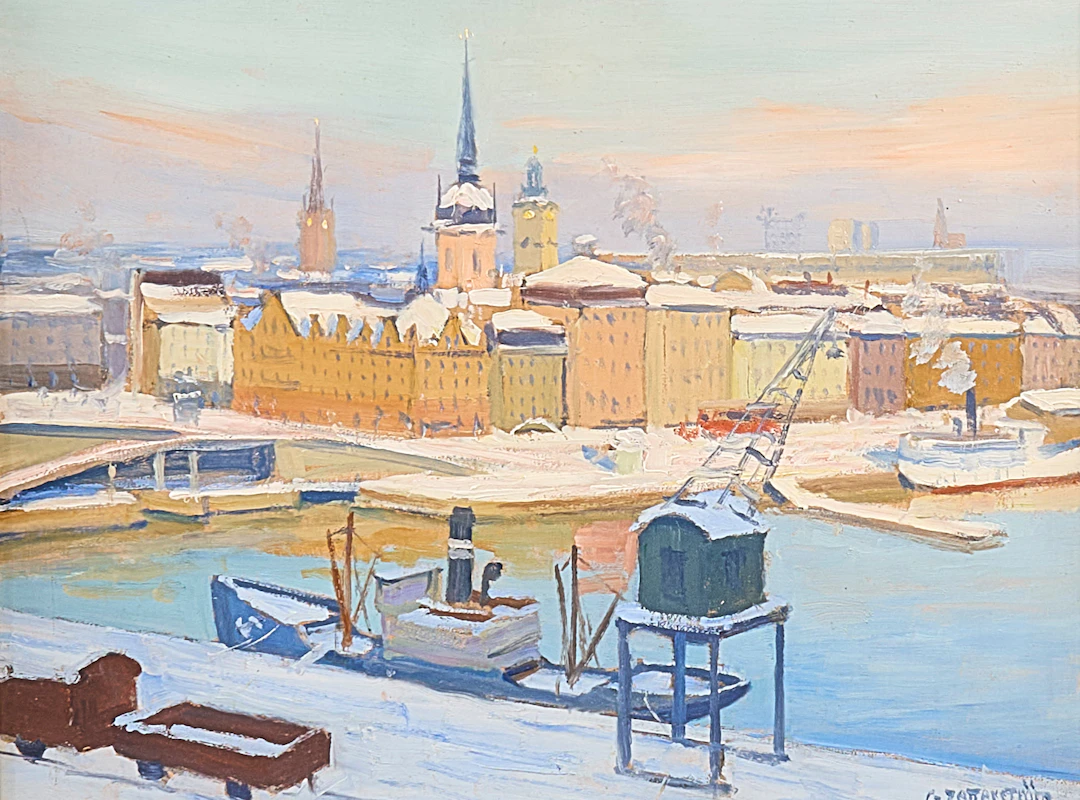GUNNAR ZETTERSTRÖ. Oljemålning, signerad, utsikt mot Gamla Stan, pannå.