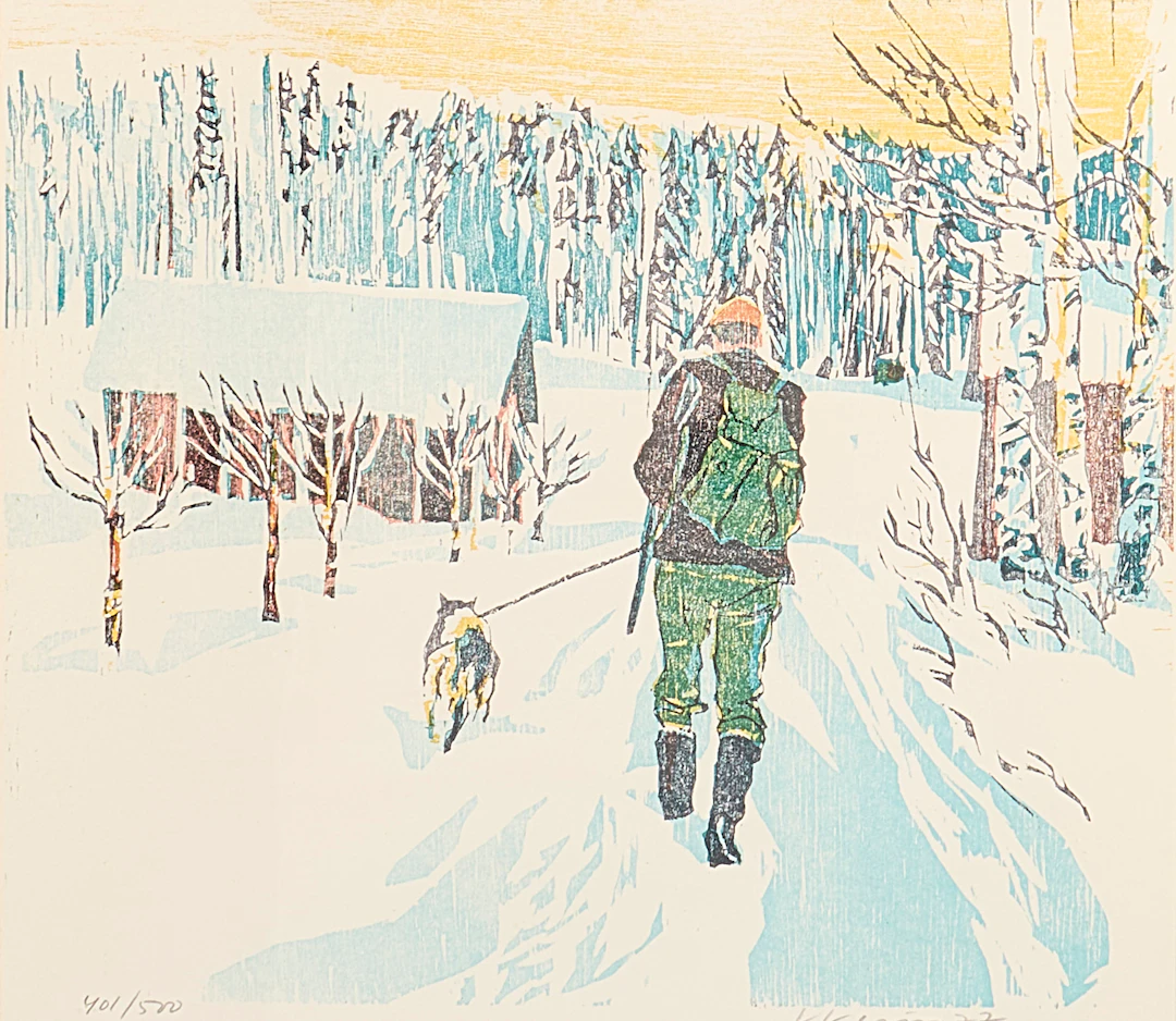 LARS LERIN. Färglitografi, Jägare med hund.