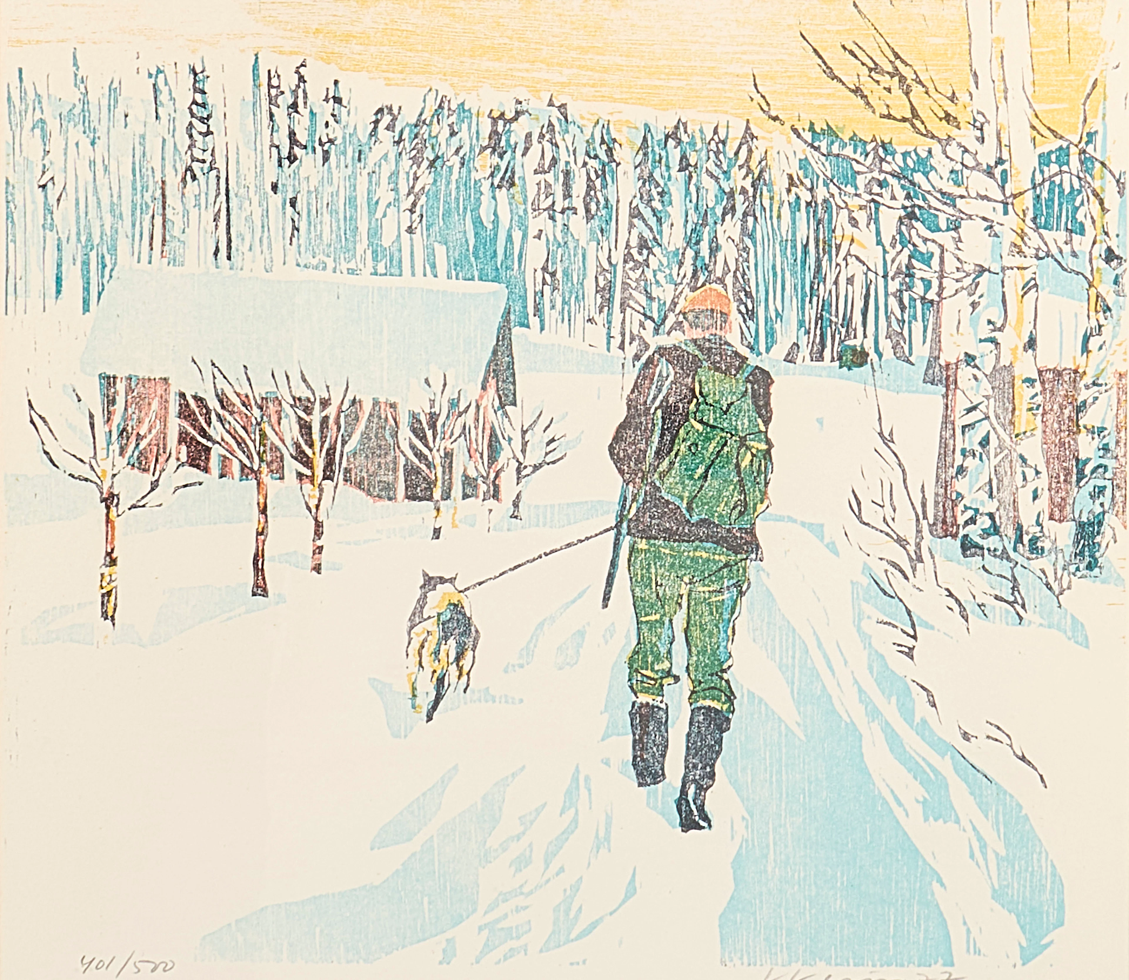 LARS LERIN. Färglitografi, Jägare med hund.