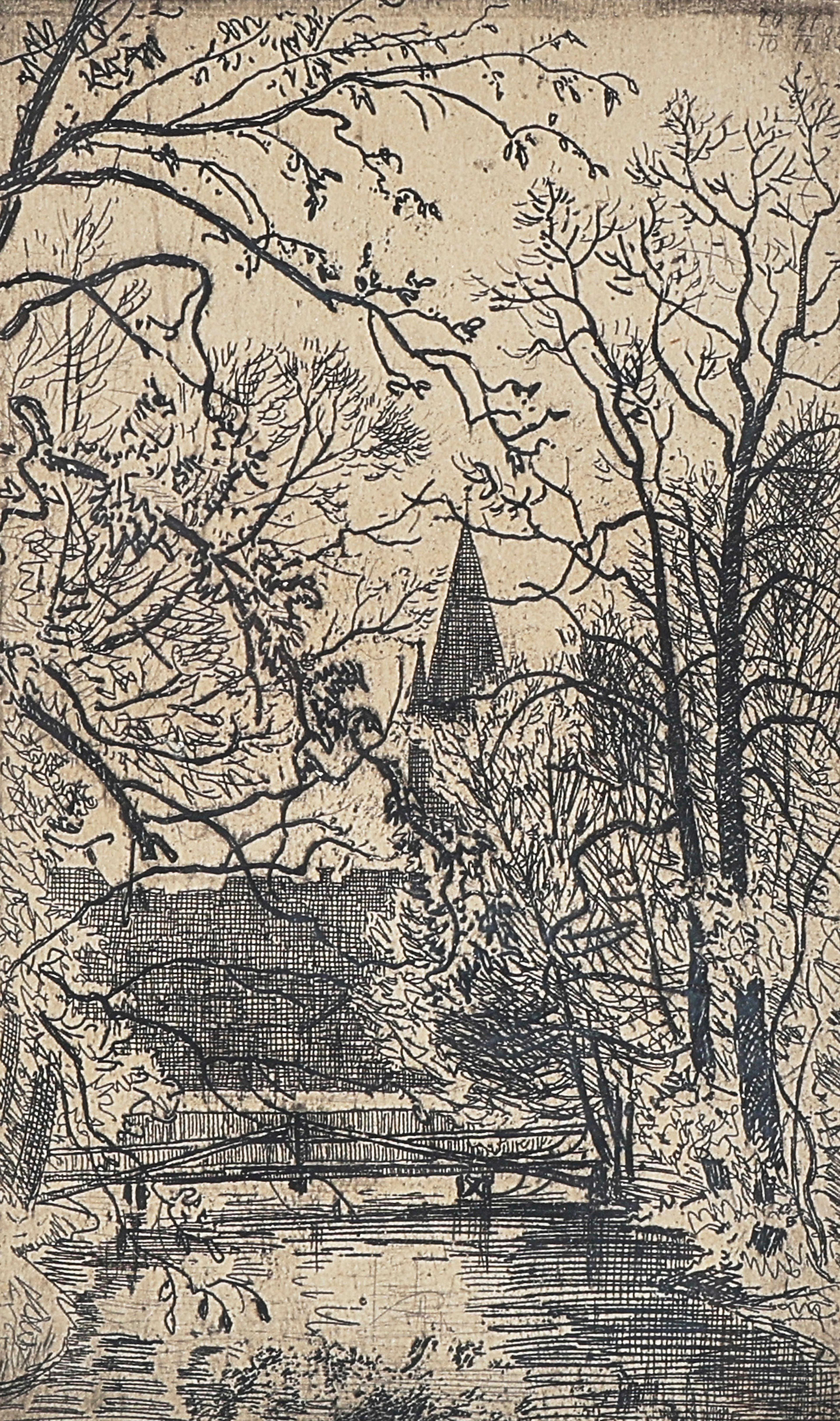 OKÄND KONSNÄR. ETSNING, ej signerad, kyrka vid å.