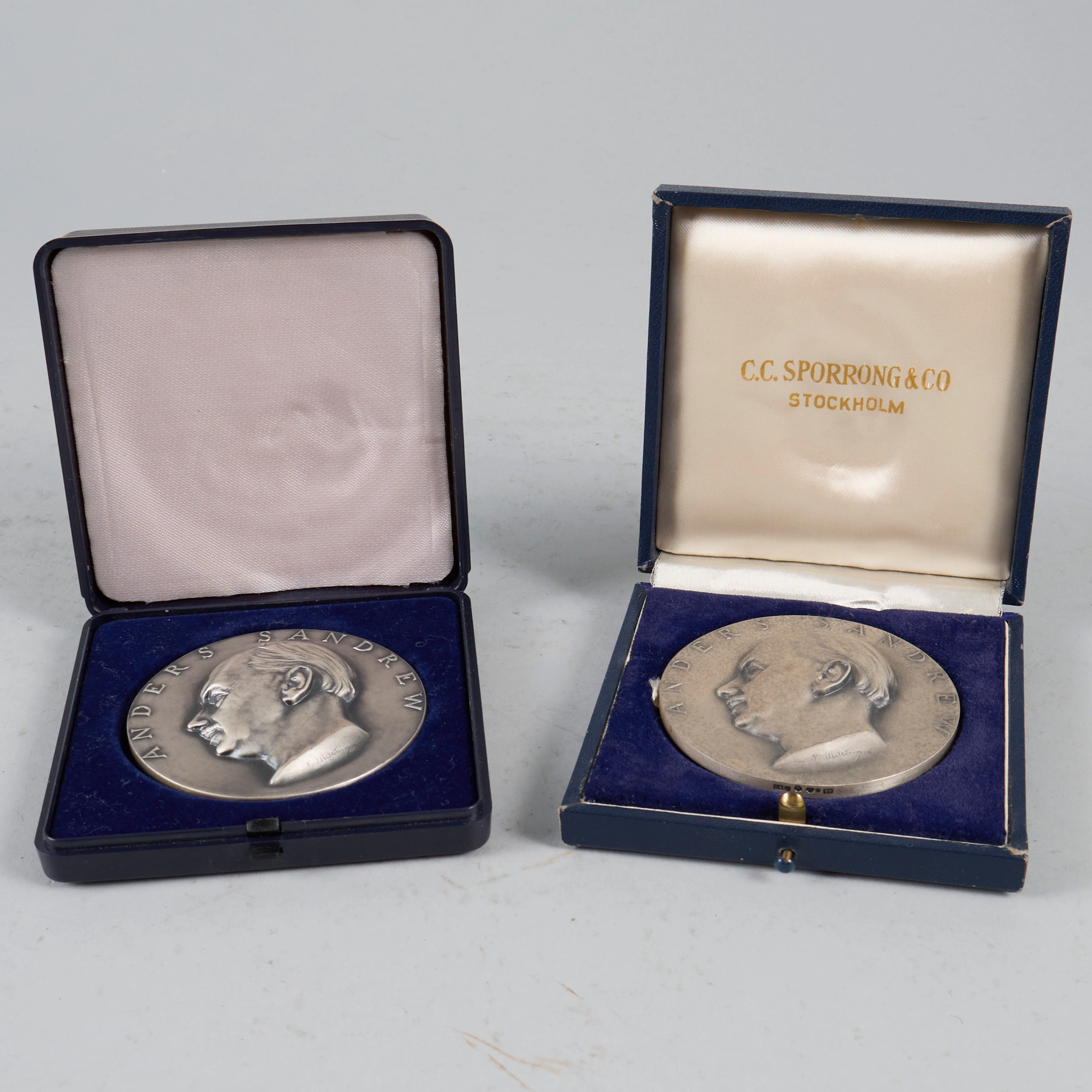 Medaljer, 2 st, Silver (999), Sporrong, 1971, "Anders Sandrew", vikt 270g ca.