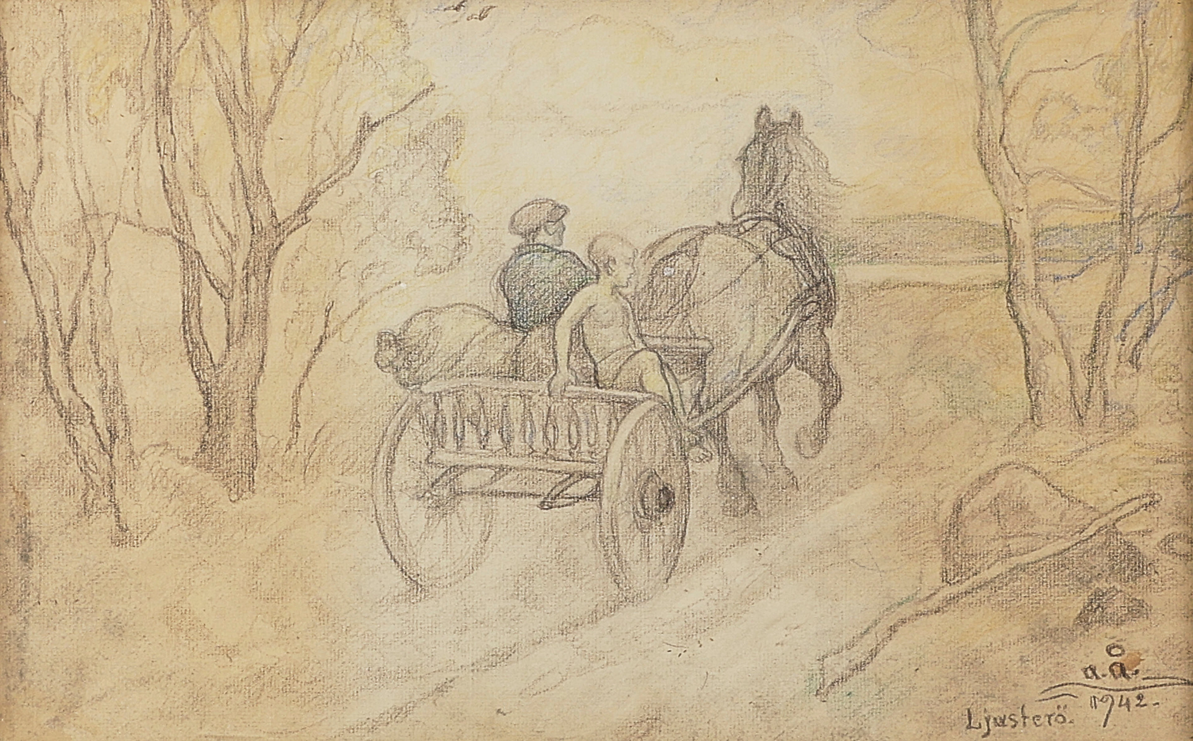 ACKE ÅSLUND. Blandteknik, monogramsignerad, daterad 1942, "Ljusterö".