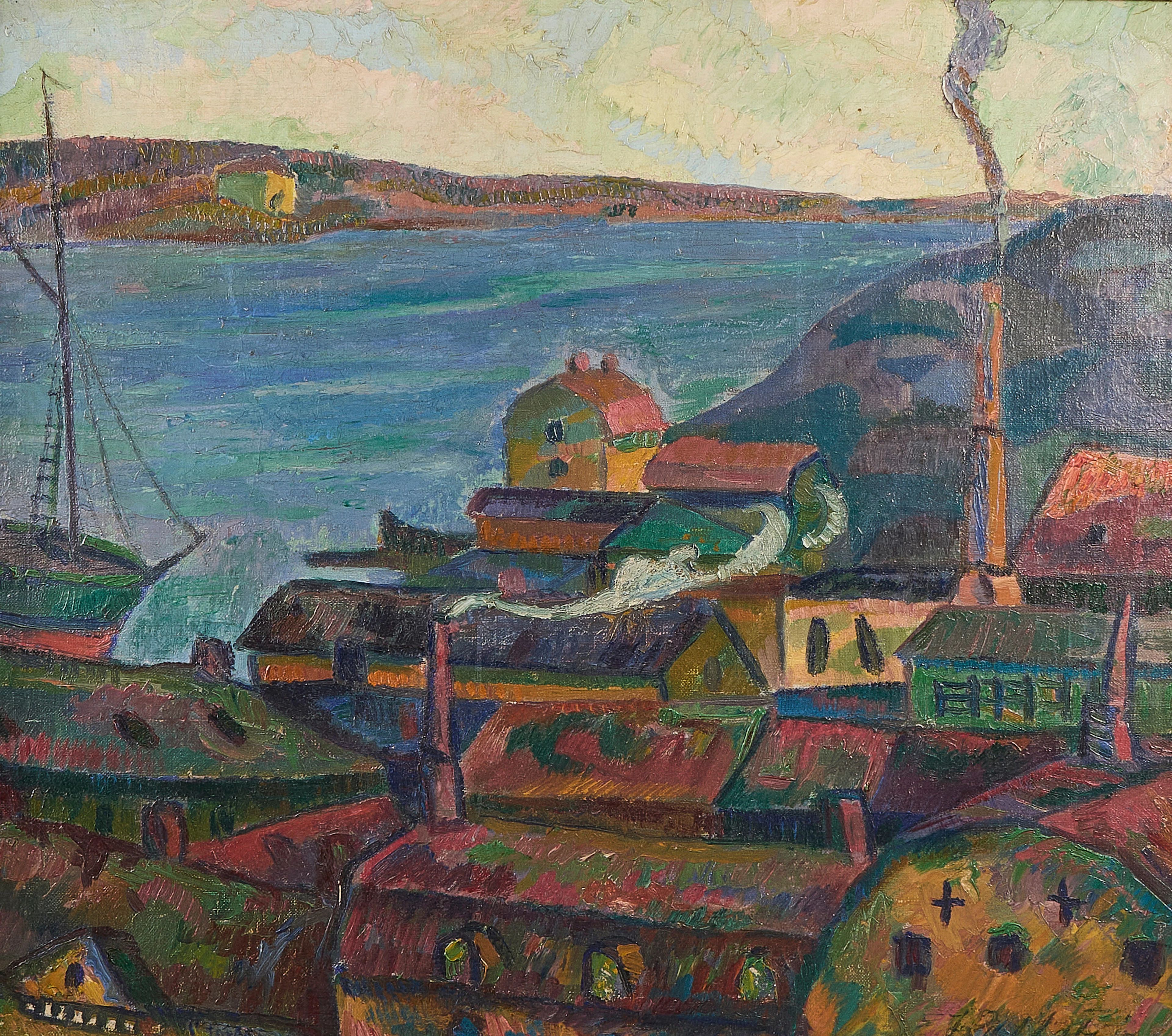 ERIC HALLSTRÖM. Oljemålning, signerad, 1910-tal, utsikt över Tegelviken