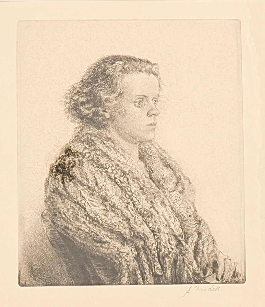 AXEL FRIDELL. Etsning, Kvinnoporträtt, signerad.