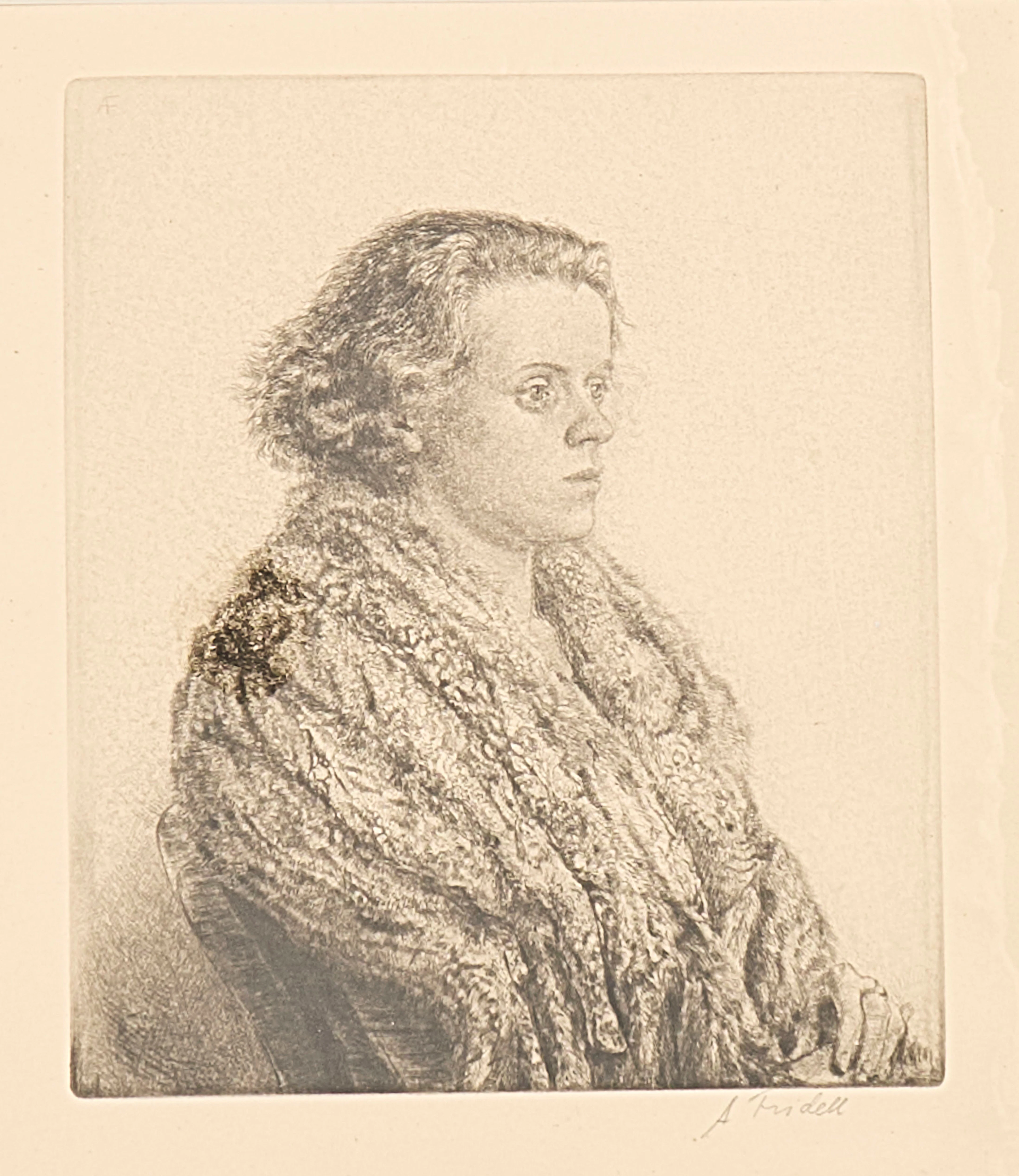 AXEL FRIDELL. Etsning, Kvinnoporträtt, signerad.