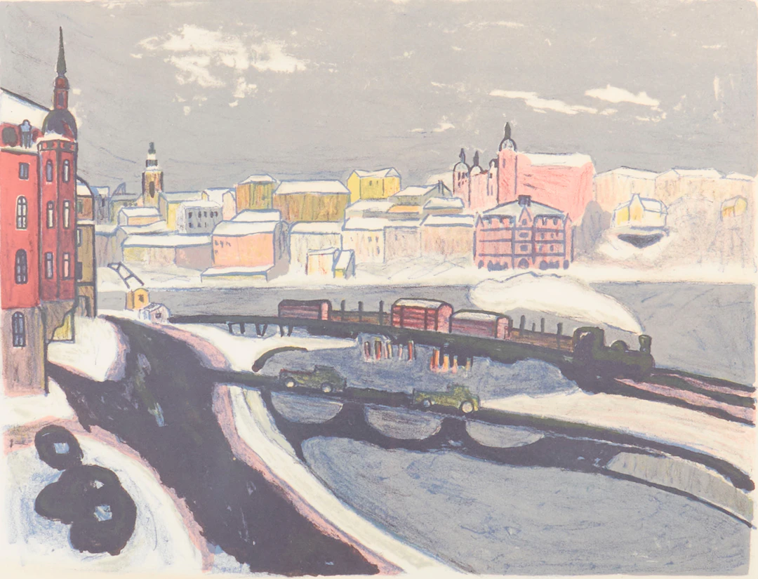 KNUT GRUVA. Färglitografi, signerad 1963, 219/260, Stockholmsmotiv.