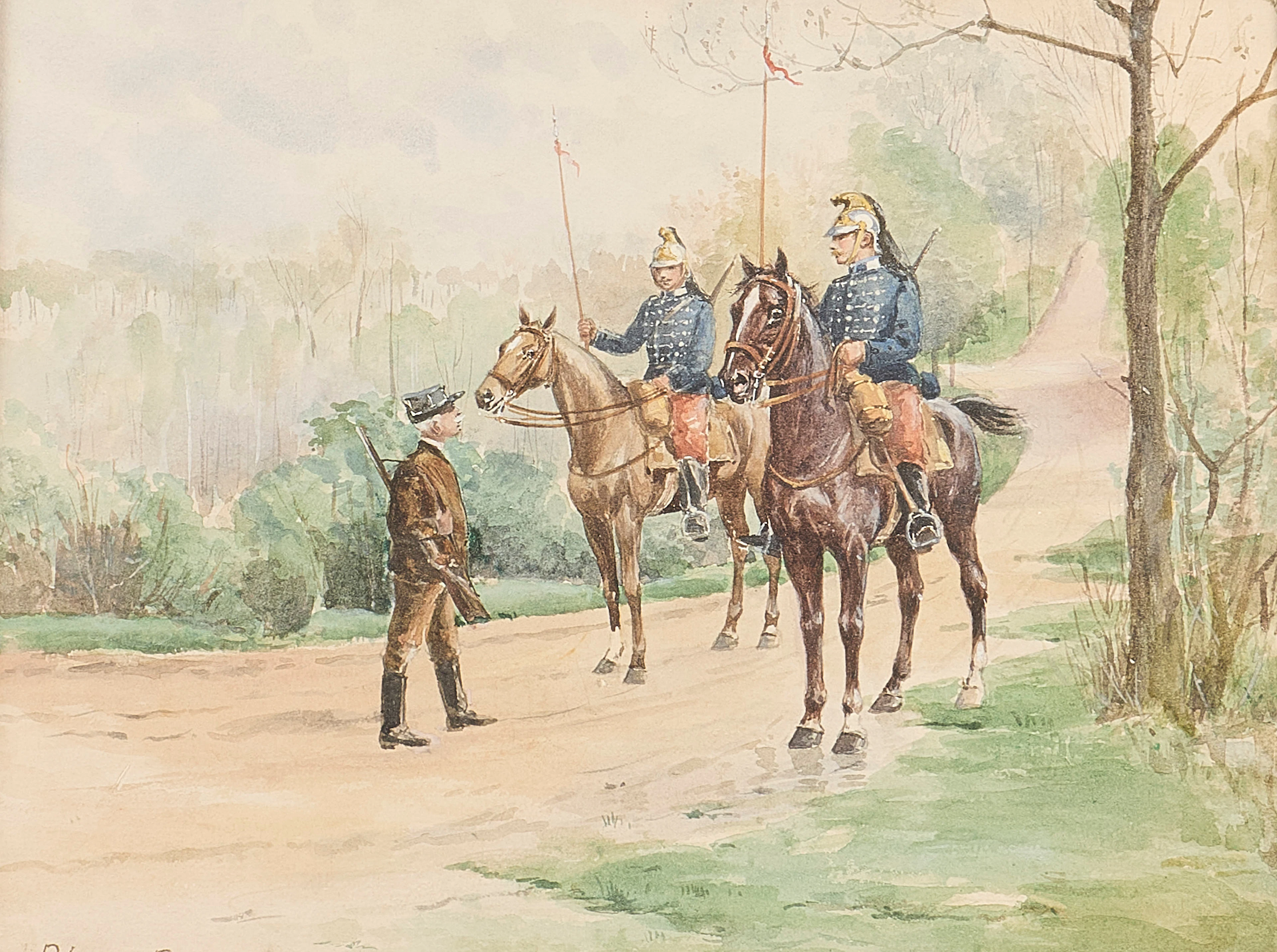 ANNA PALM DE ROSA. Akvarell, signerad, kavallerister i samtal.