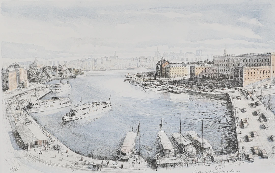 DAVID BRACKEN. Färglitografi, signerad, numrerad 273/300, Stockholmsvy.