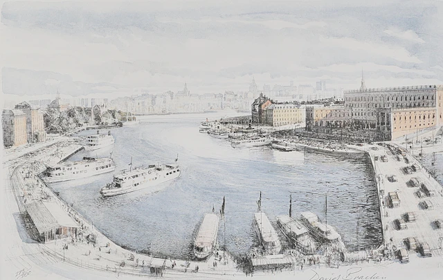 DAVID BRACKEN. Färglitografi, signerad, numrerad 273/300, Stockholmsvy.