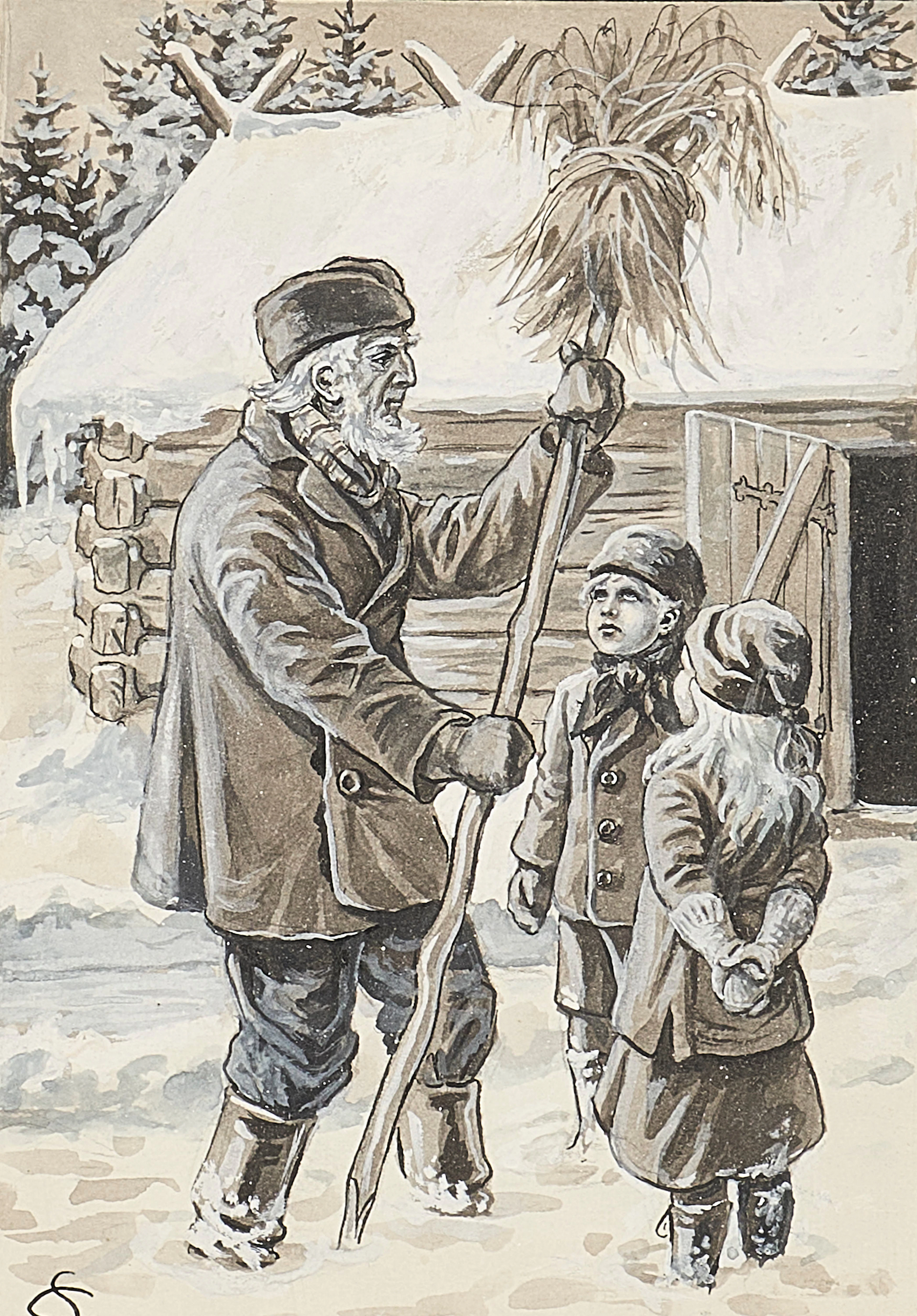 CARL STOOPENDAHL. Blandteknik, Monogramsignerad, på gården.